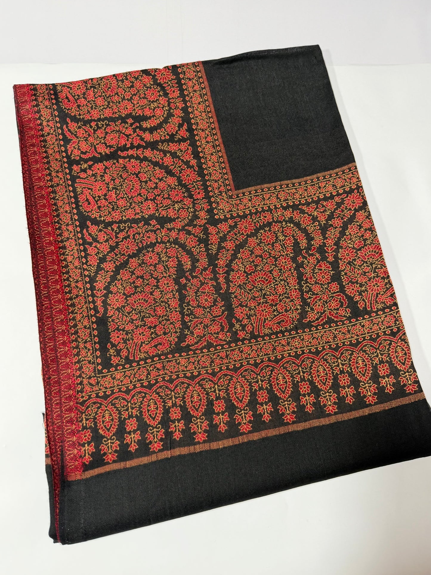 Pashmina Wool Kani Border Shawl in Full Size 4 Side Border | Black