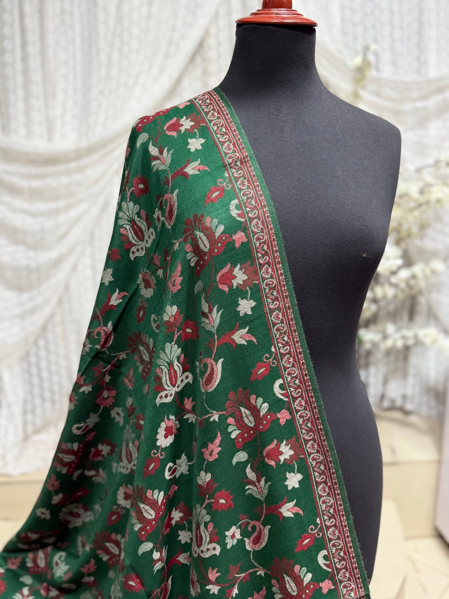Pashmina Wool Kani Border Shawl in Full Size 4 Side Border | Green