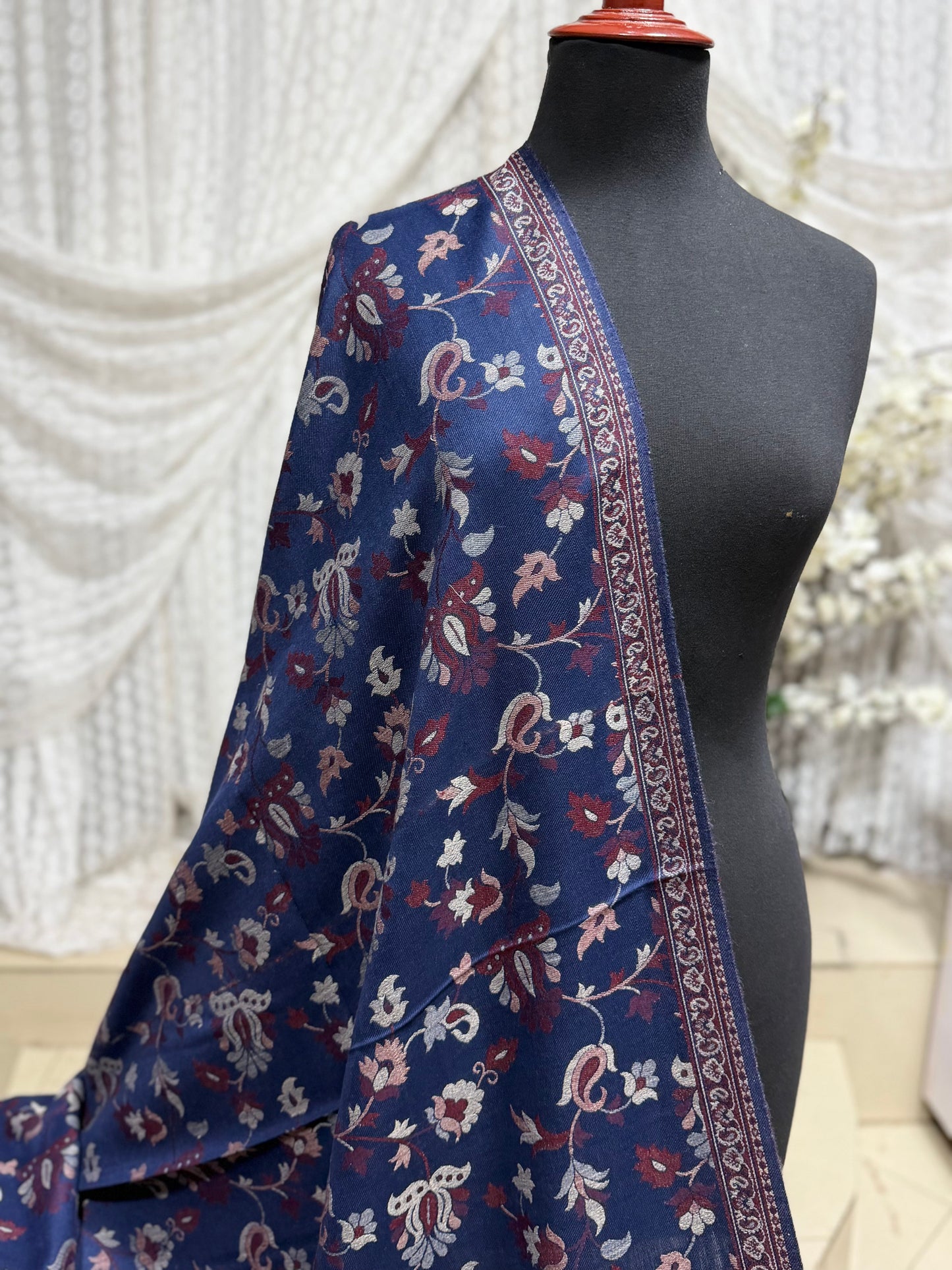 Pashmina Wool Kani Border Shawl in Full Size 4 Side Border | Blue