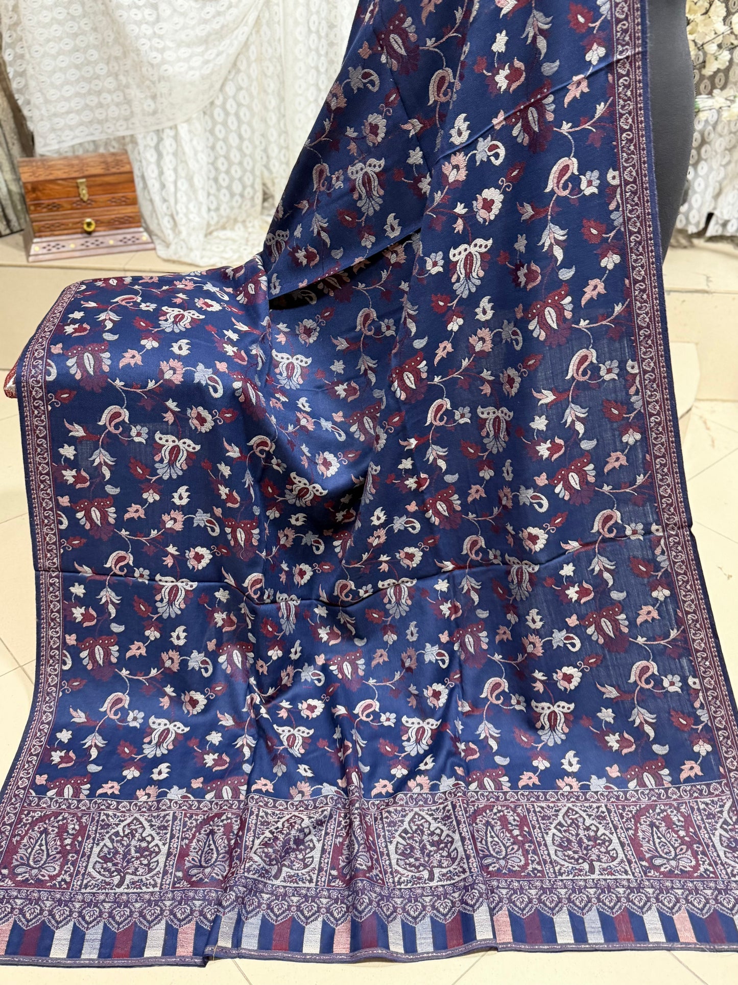 Pashmina Wool Kani Border Shawl in Full Size 4 Side Border | Blue