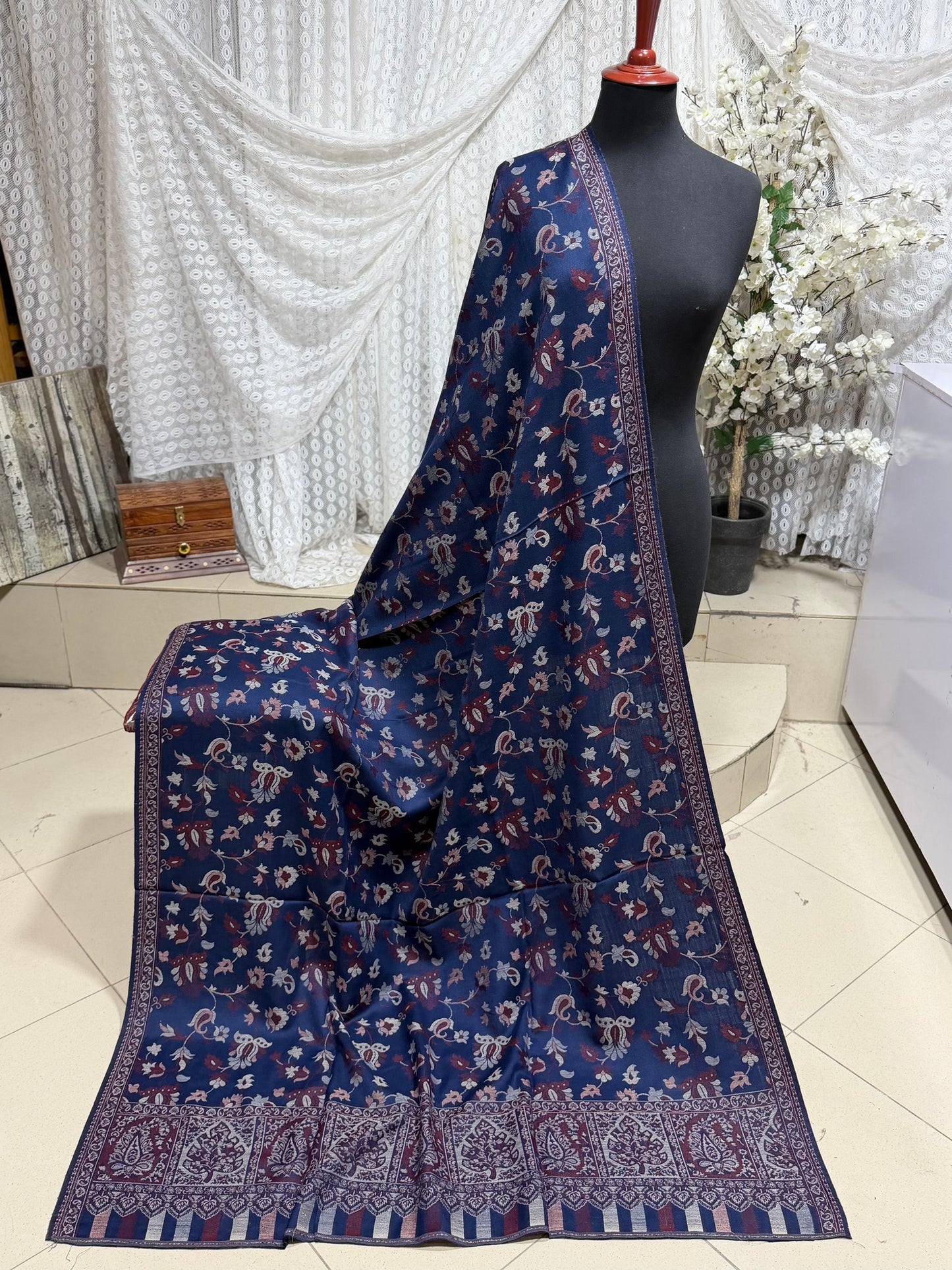 Pashmina Wool Kani Border Shawl in Full Size 4 Side Border | Blue