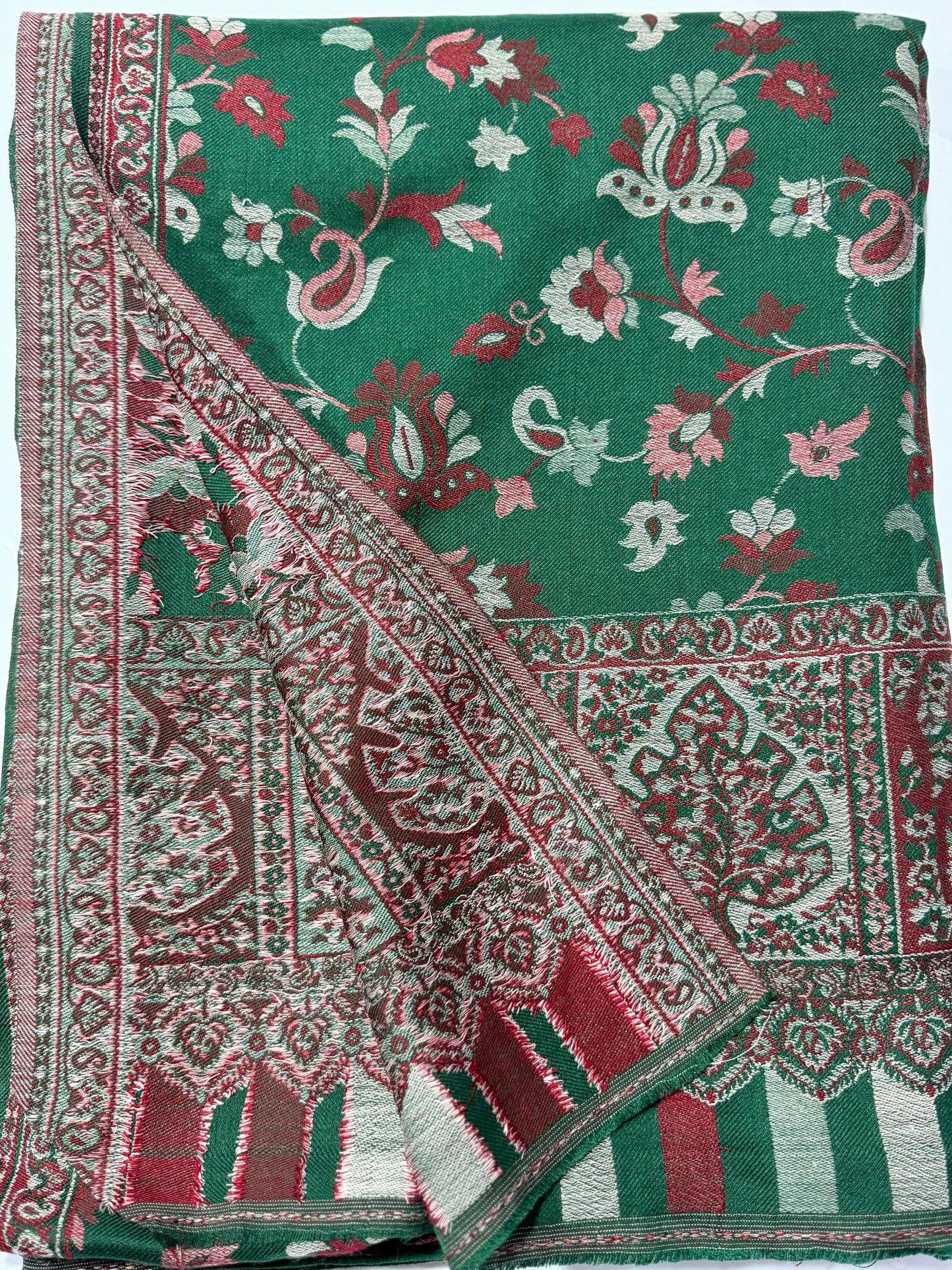 Pashmina Wool Kani Border Shawl in Full Size 4 Side Border | Green