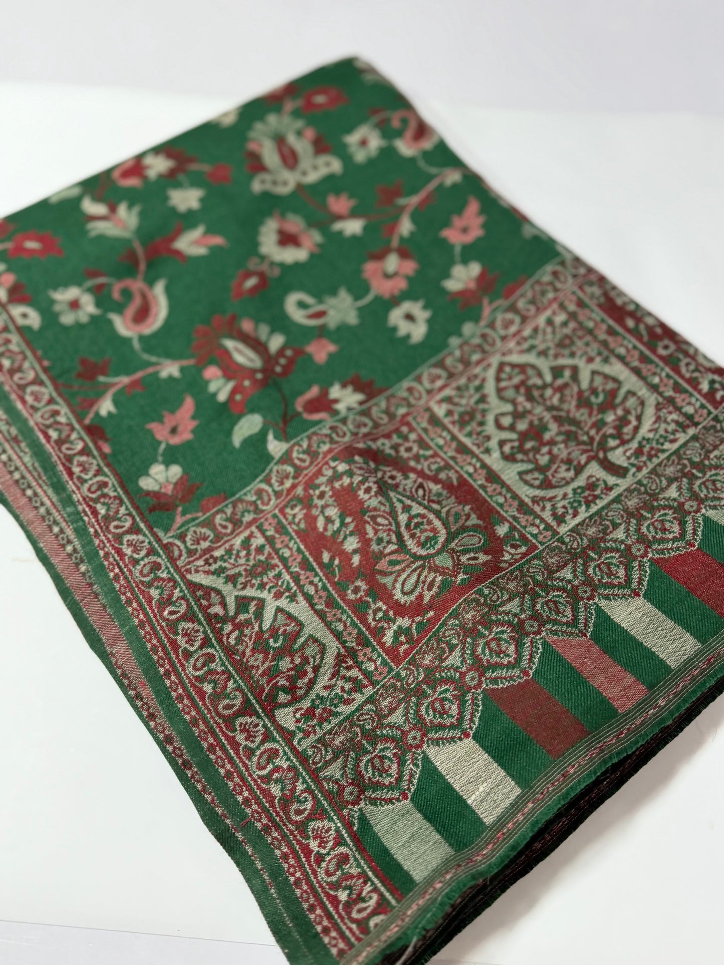 Pashmina Wool Kani Border Shawl in Full Size 4 Side Border | Green