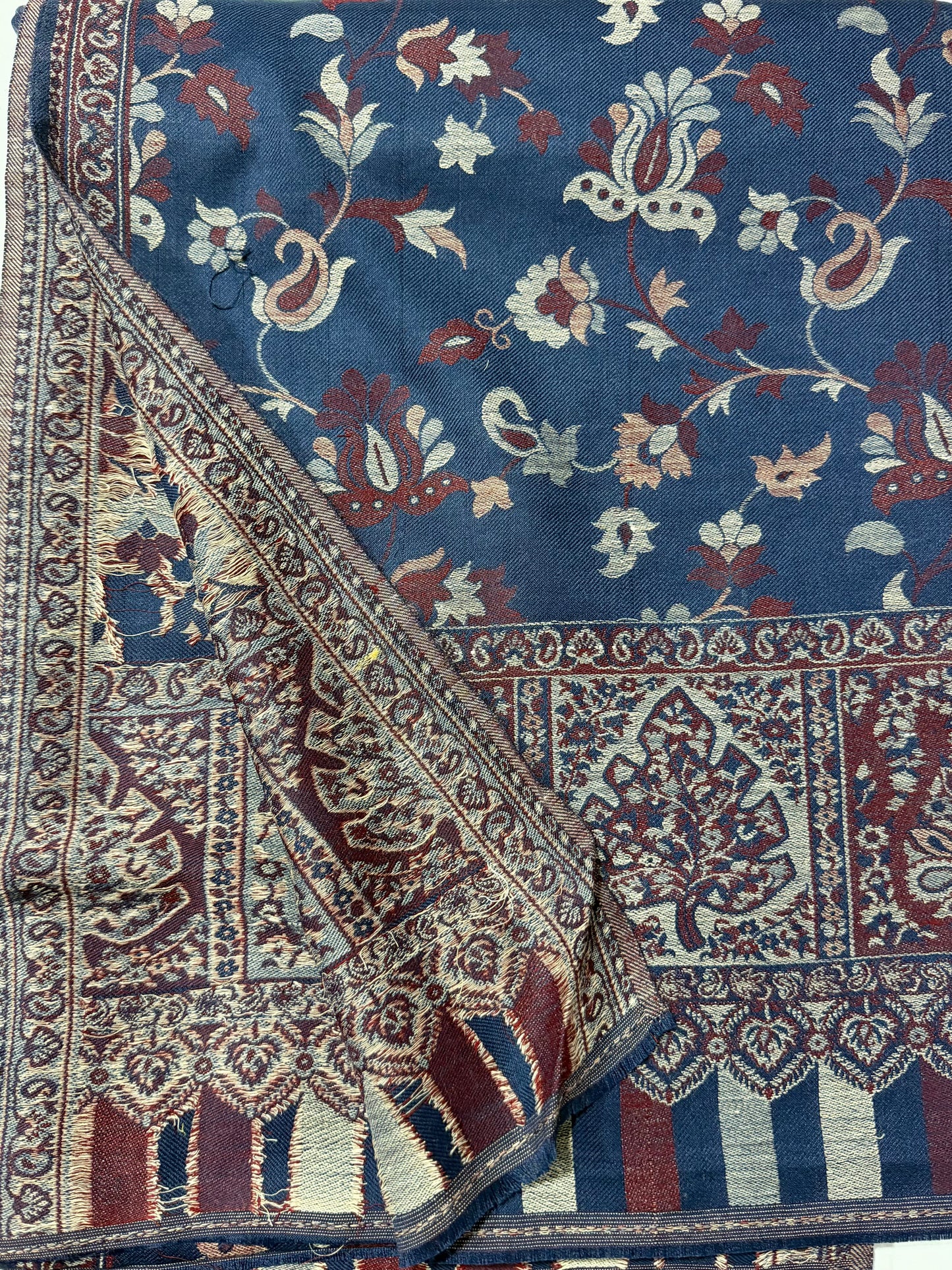 Pashmina Wool Kani Border Shawl in Full Size 4 Side Border | Blue