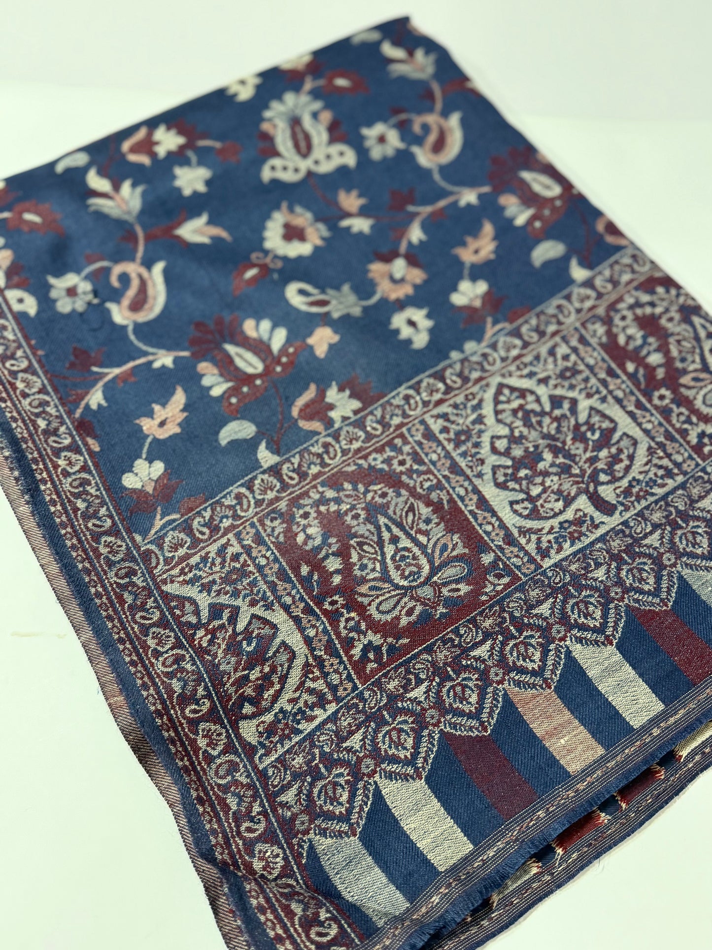 Pashmina Wool Kani Border Shawl in Full Size 4 Side Border | Blue