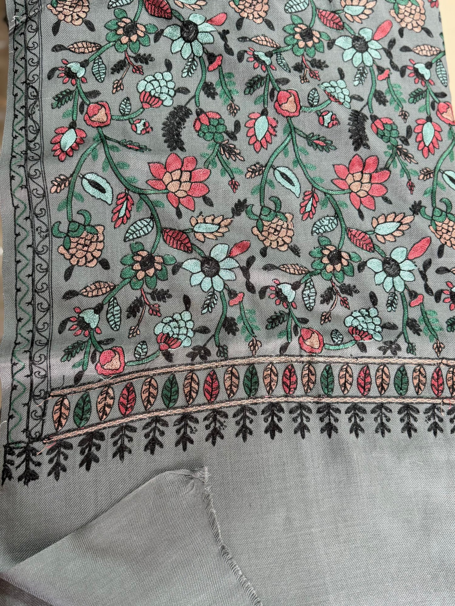 Kashmiri Jaal Shawl | Full Embroidered Shawl Resham Work Aar Embroidery | Grey