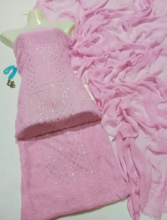 2 Piece Chiffon Aar Mukesh Suit Light Pink