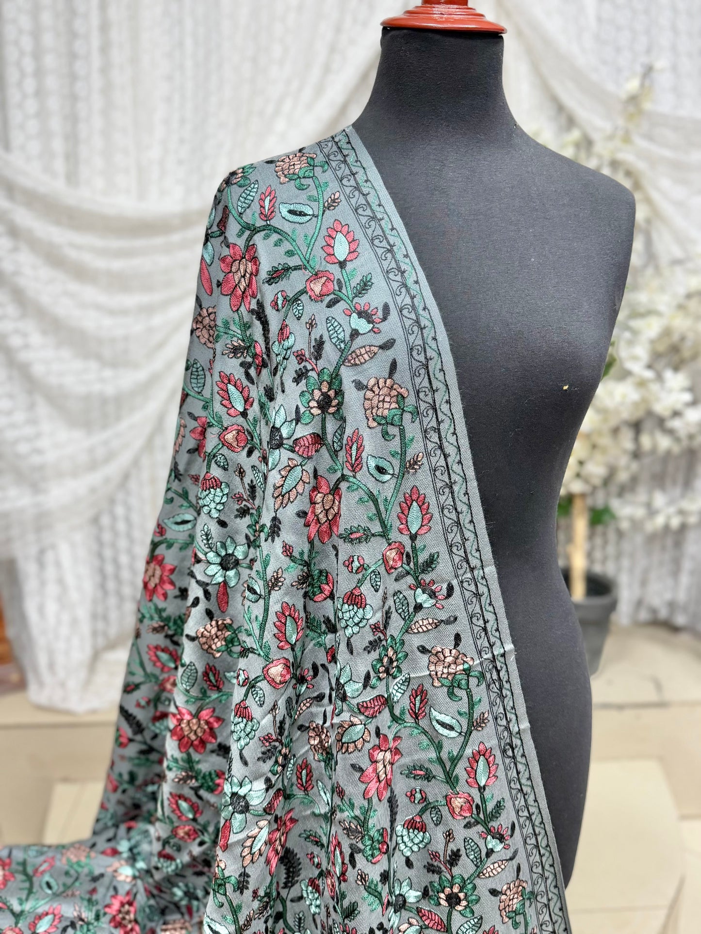 Kashmiri Jaal Shawl | Full Embroidered Shawl Resham Work Aar Embroidery | Grey