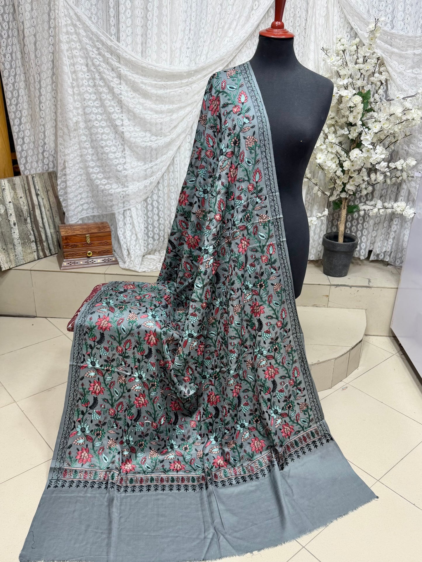 Kashmiri Jaal Shawl | Full Embroidered Shawl Resham Work Aar Embroidery | Grey