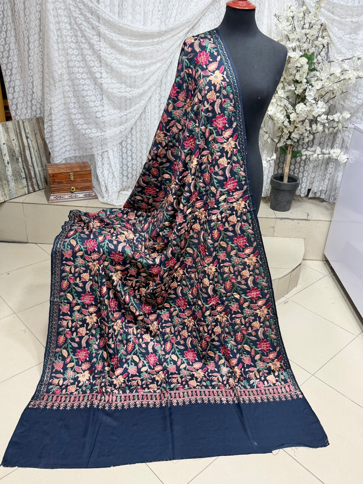 Kashmiri Jaal Shawl | Full Embroidered Shawl Resham Work Aar Embroidery | Blue