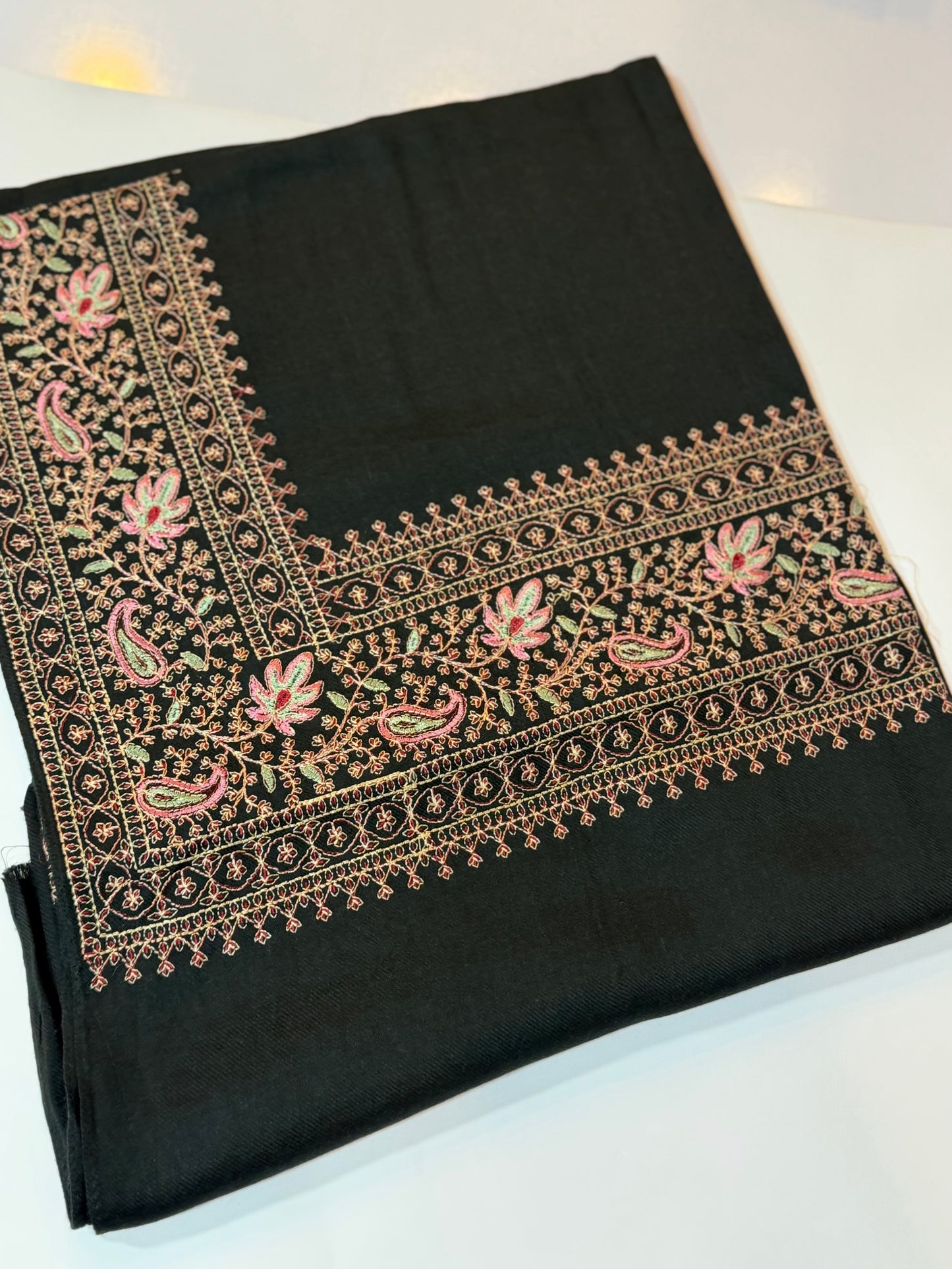 Kashmiri Shawl | Border Papermache Embroidery | Black