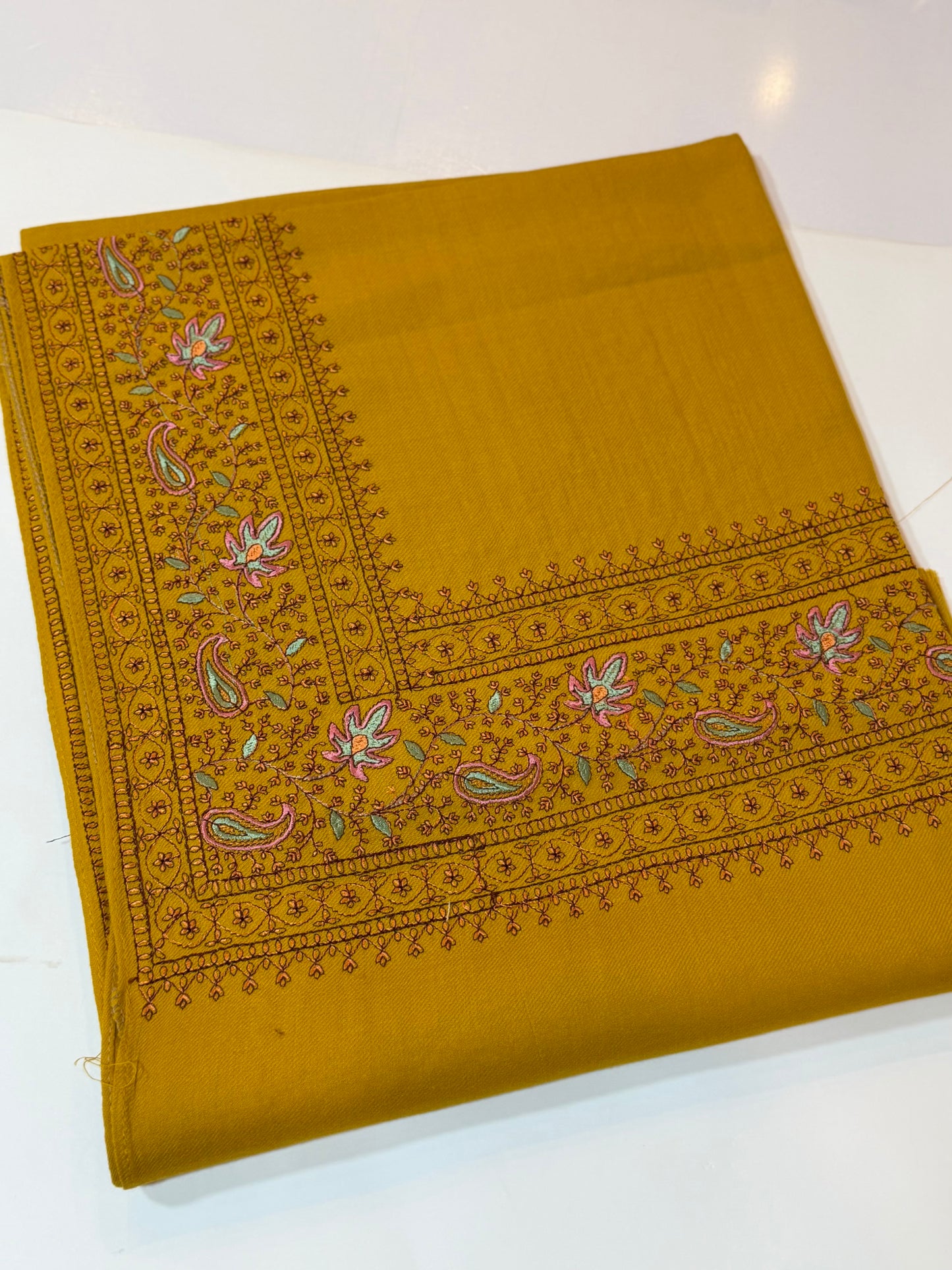 Kashmiri Shawl | Border Papermache Embroidery | Mustard