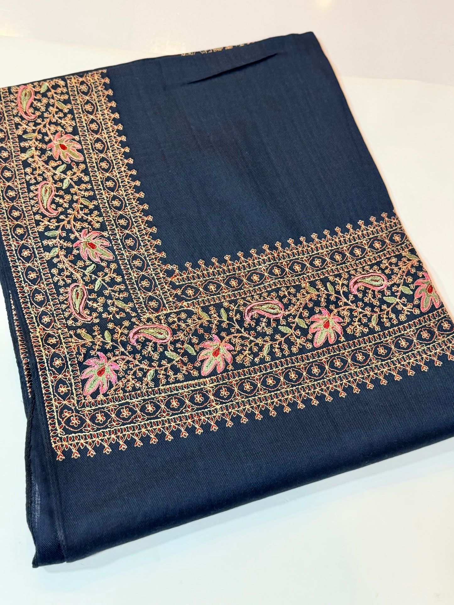 Kashmiri Shawl | Border Papermache Embroidery | Navy Blue