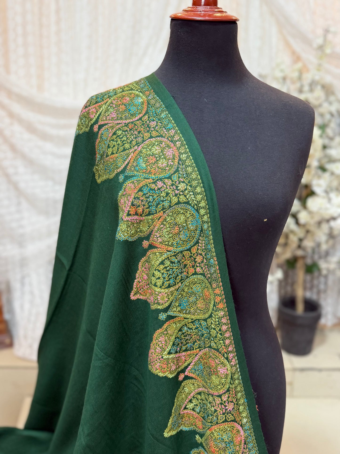 Pashmina Shawl Border Embroidery | Handmade Shawl Perfect Gift | Green