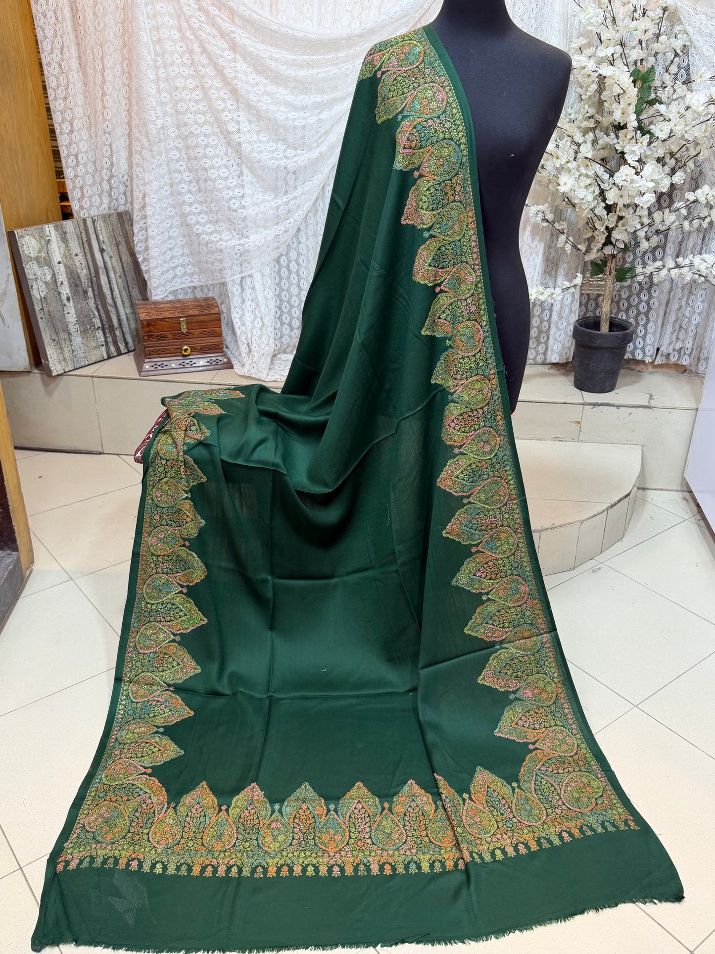 Pashmina Shawl Border Embroidery | Handmade Shawl Perfect Gift | Green