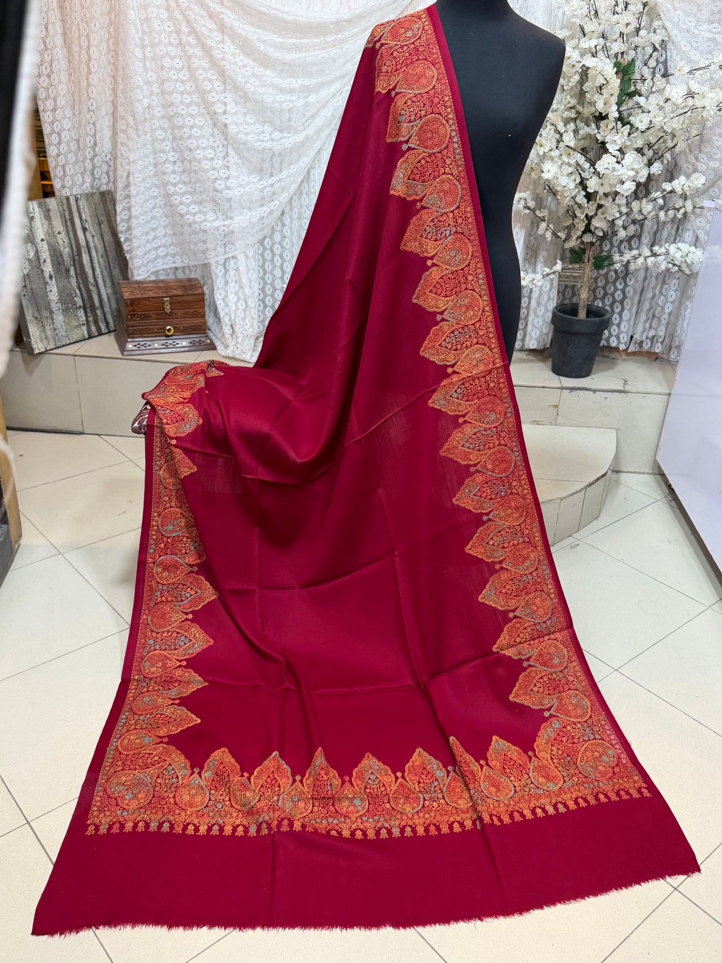 Pashmina Shawl Border Embroidery | Handmade Shawl Perfect Gift | Maroon