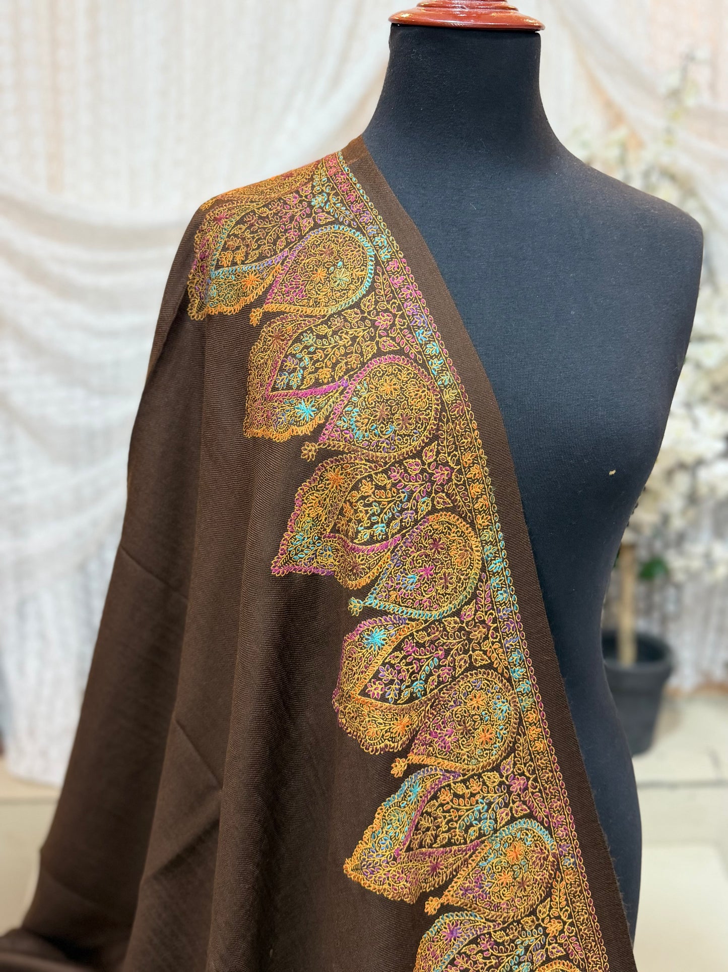 Pashmina Shawl Border Embroidery | Handmade Shawl Perfect Gift | Brown