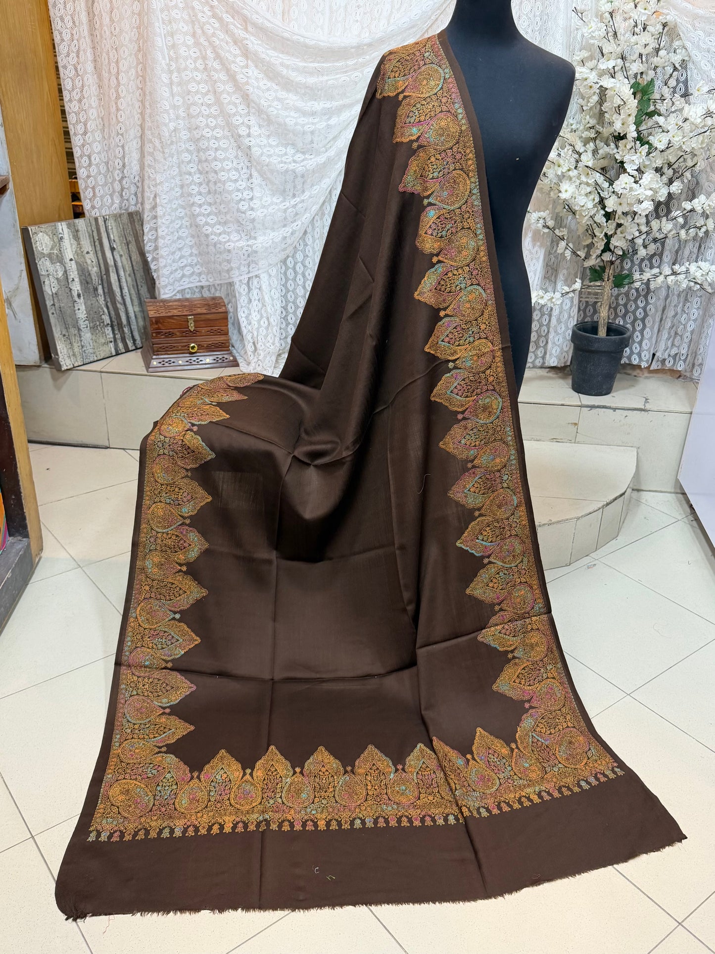 Pashmina Shawl Border Embroidery | Handmade Shawl Perfect Gift | Brown