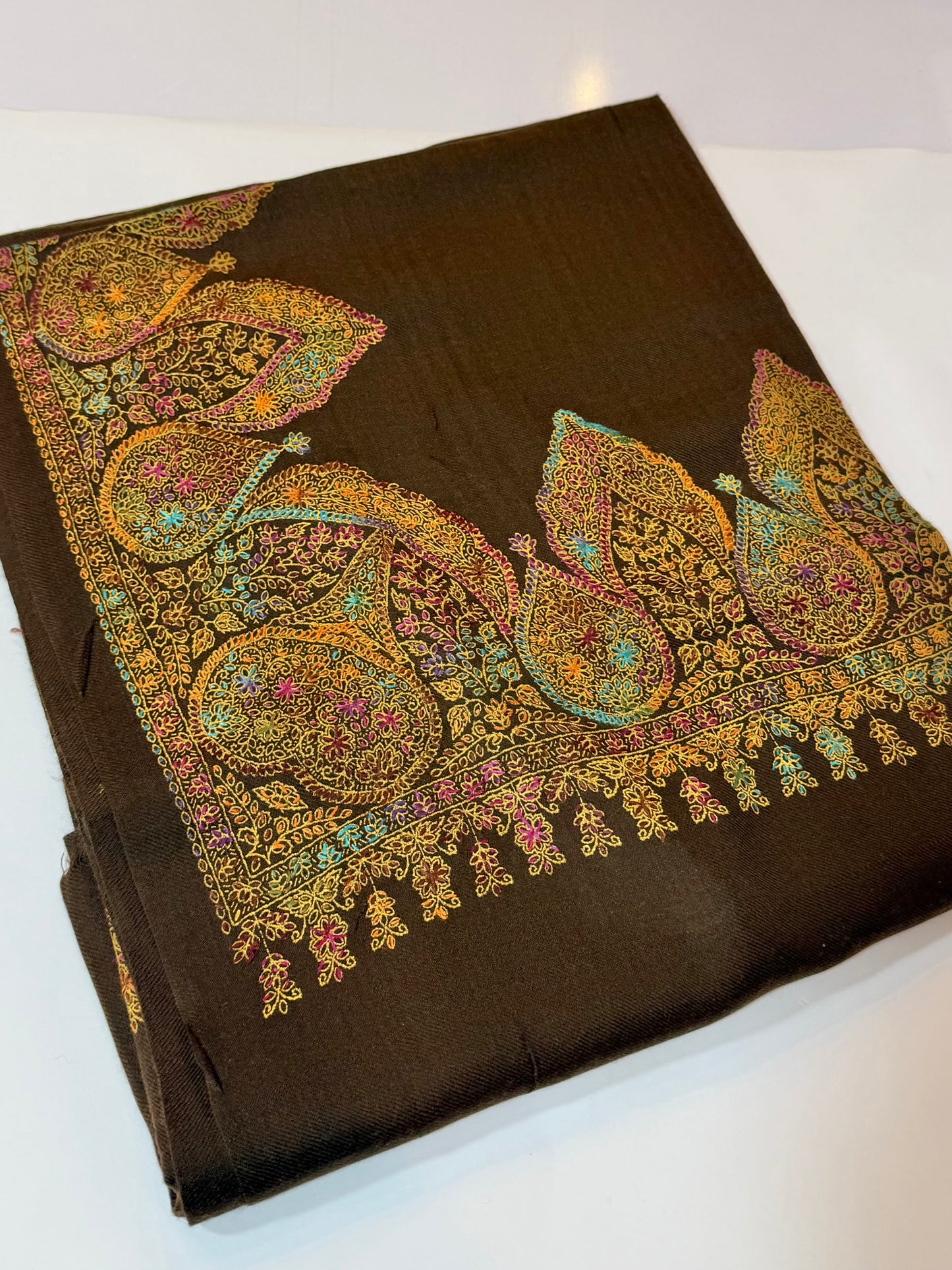 Pashmina Shawl Border Embroidery | Handmade Shawl Perfect Gift | Brown