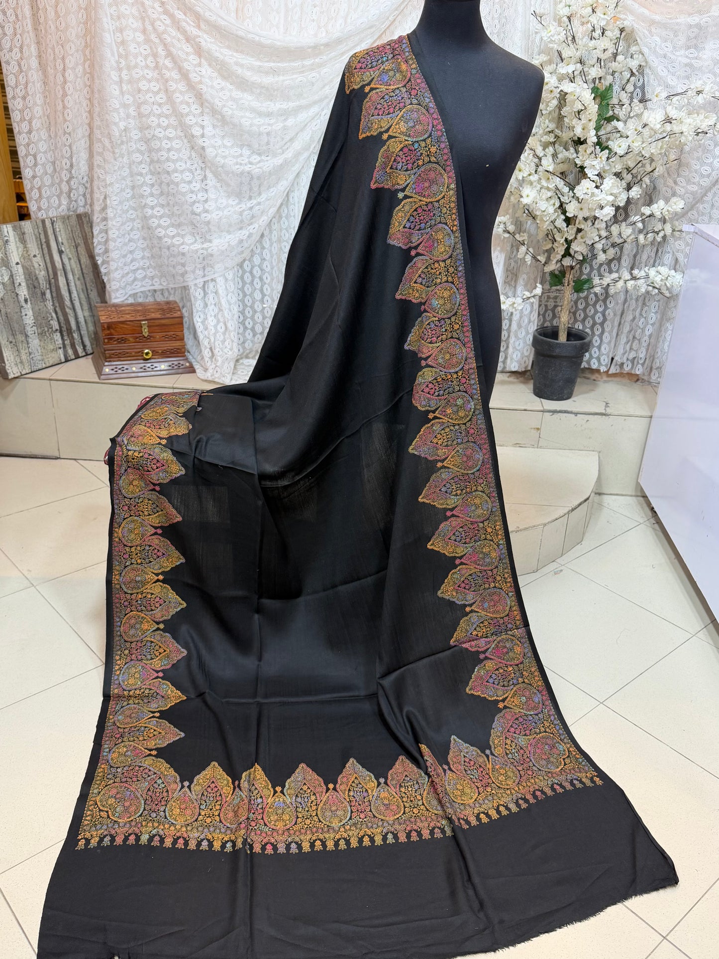 Pashmina Shawl Border Embroidery | Handmade Shawl Perfect Gift | Black