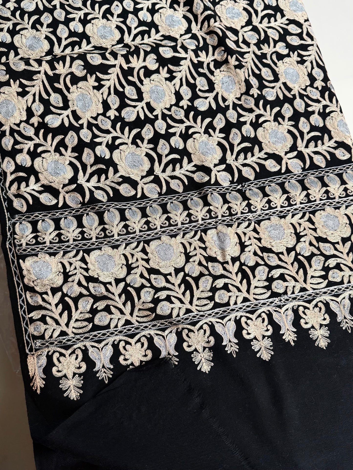 Kashmiri Jaal Shawl | Full Embroidered Shawl Resham Work Aar Embroidery | Black