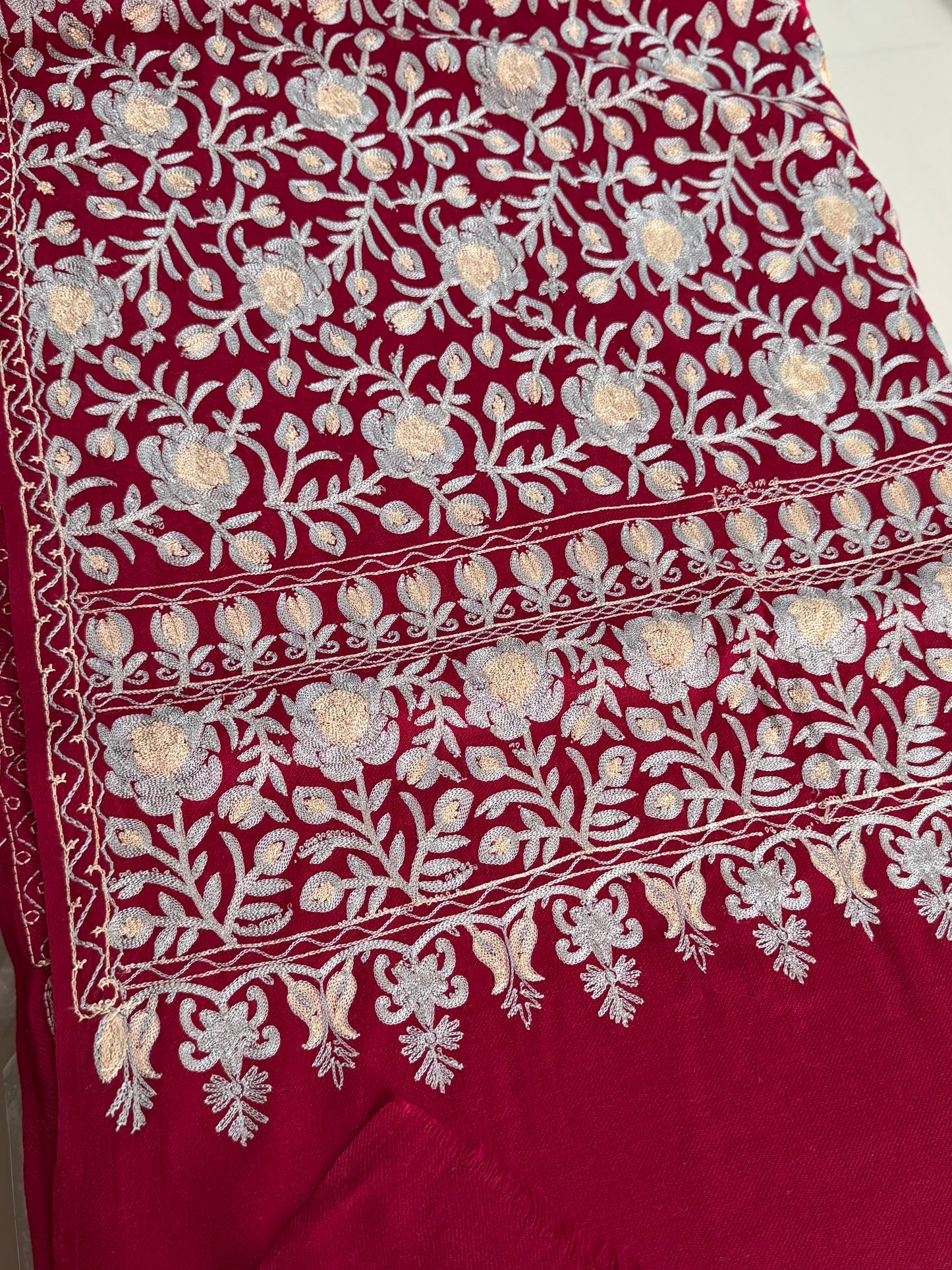 Kashmiri Jaal Shawl | Full Embroidered Shawl Resham Work Aar Embroidery | Maroon