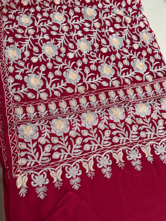 Kashmiri Jaal Shawl | Full Embroidered Shawl Resham Work Aar Embroidery | Maroon
