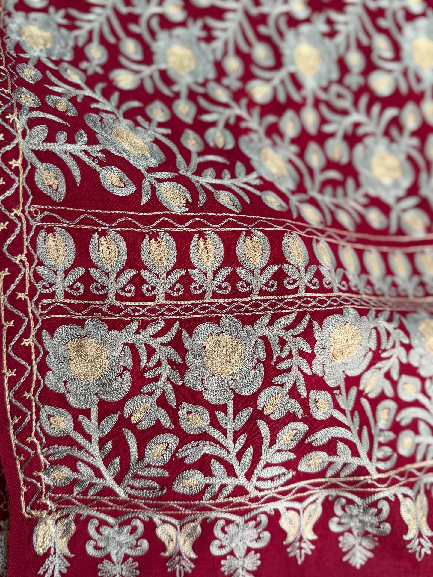Kashmiri Jaal Shawl | Full Embroidered Shawl Resham Work Aar Embroidery | Maroon