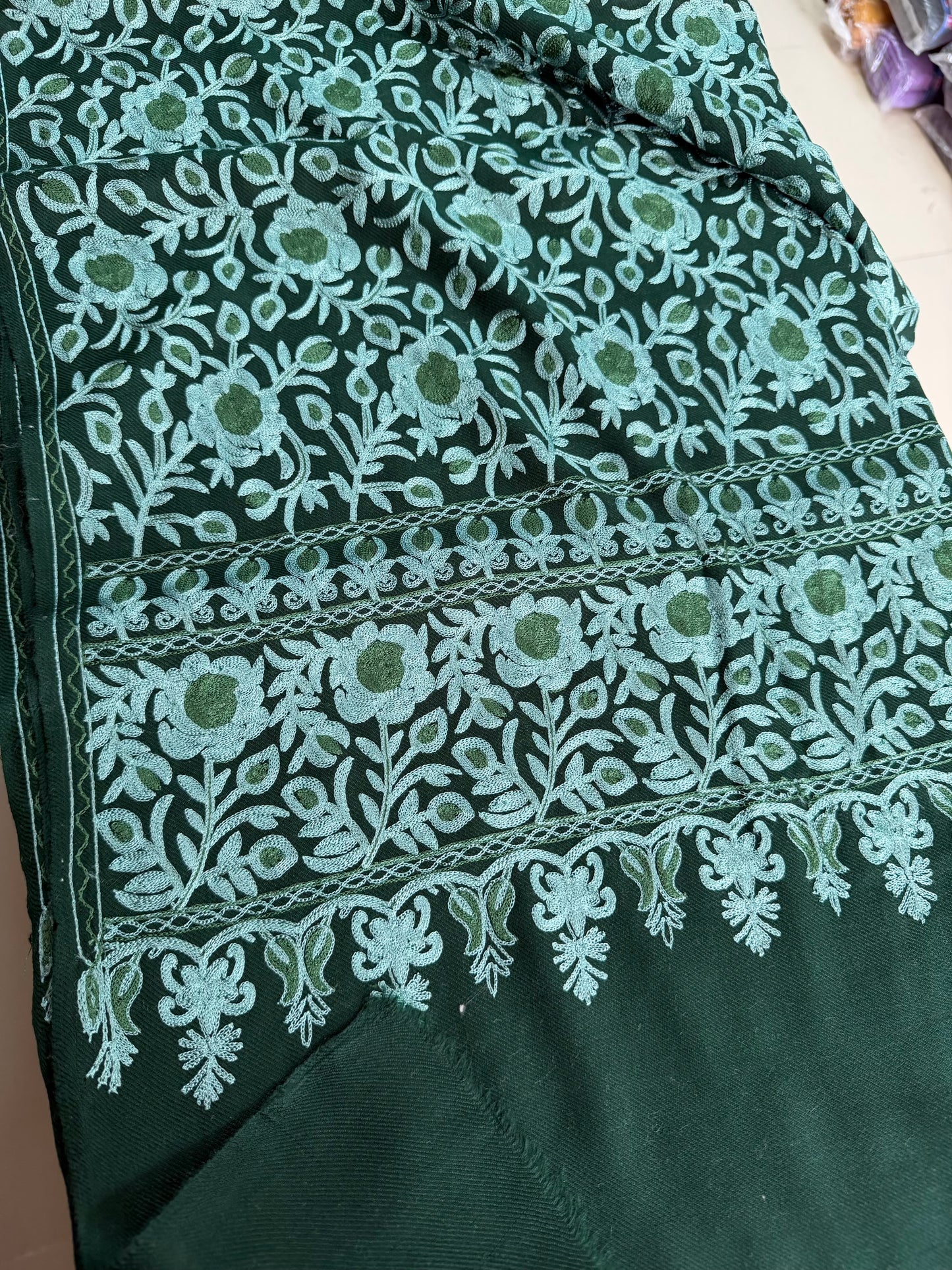Kashmiri Jaal Shawl | Full Embroidered Shawl Resham Work Aar Embroidery | Green