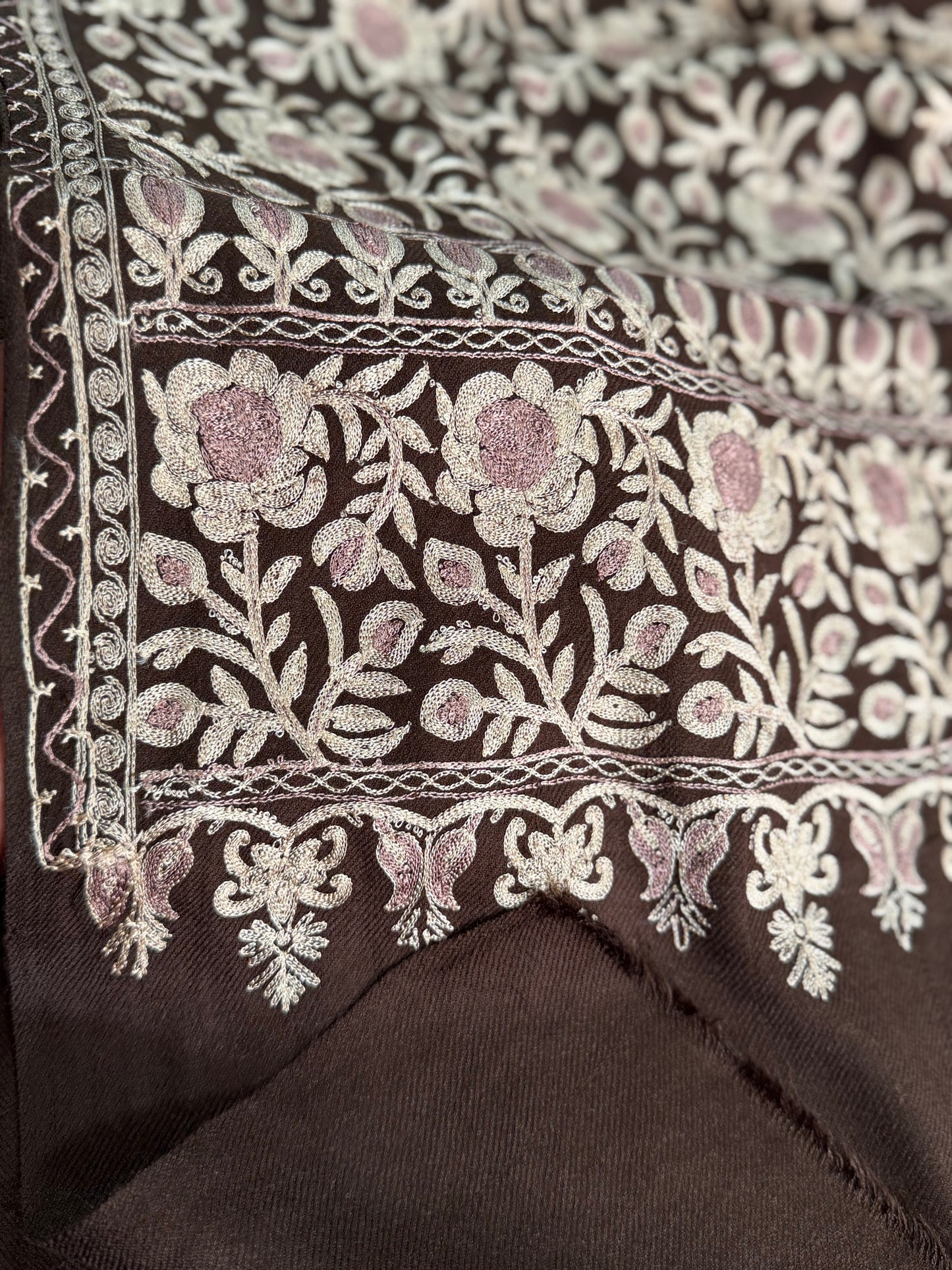 Kashmiri Jaal Shawl | Full Embroidered Shawl Resham Work Aar Embroidery | Brown