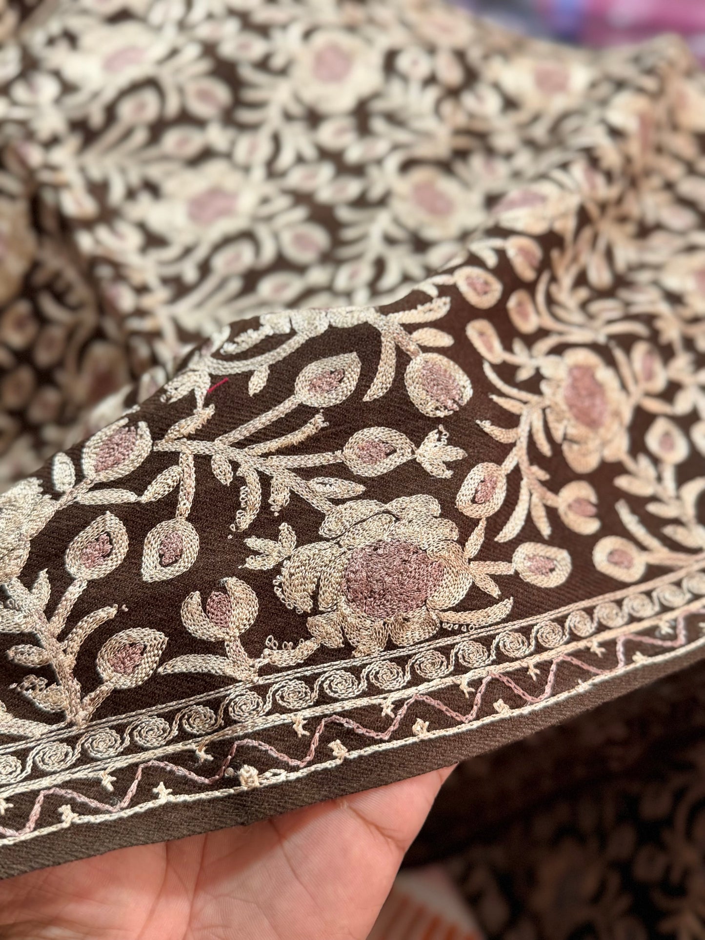 Kashmiri Jaal Shawl | Full Embroidered Shawl Resham Work Aar Embroidery | Brown
