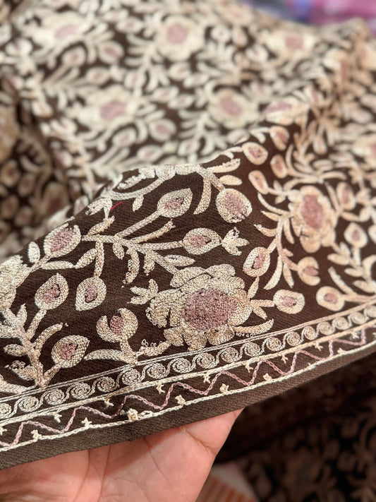 Kashmiri Jaal Shawl | Full Embroidered Shawl Resham Work Aar Embroidery | Brown