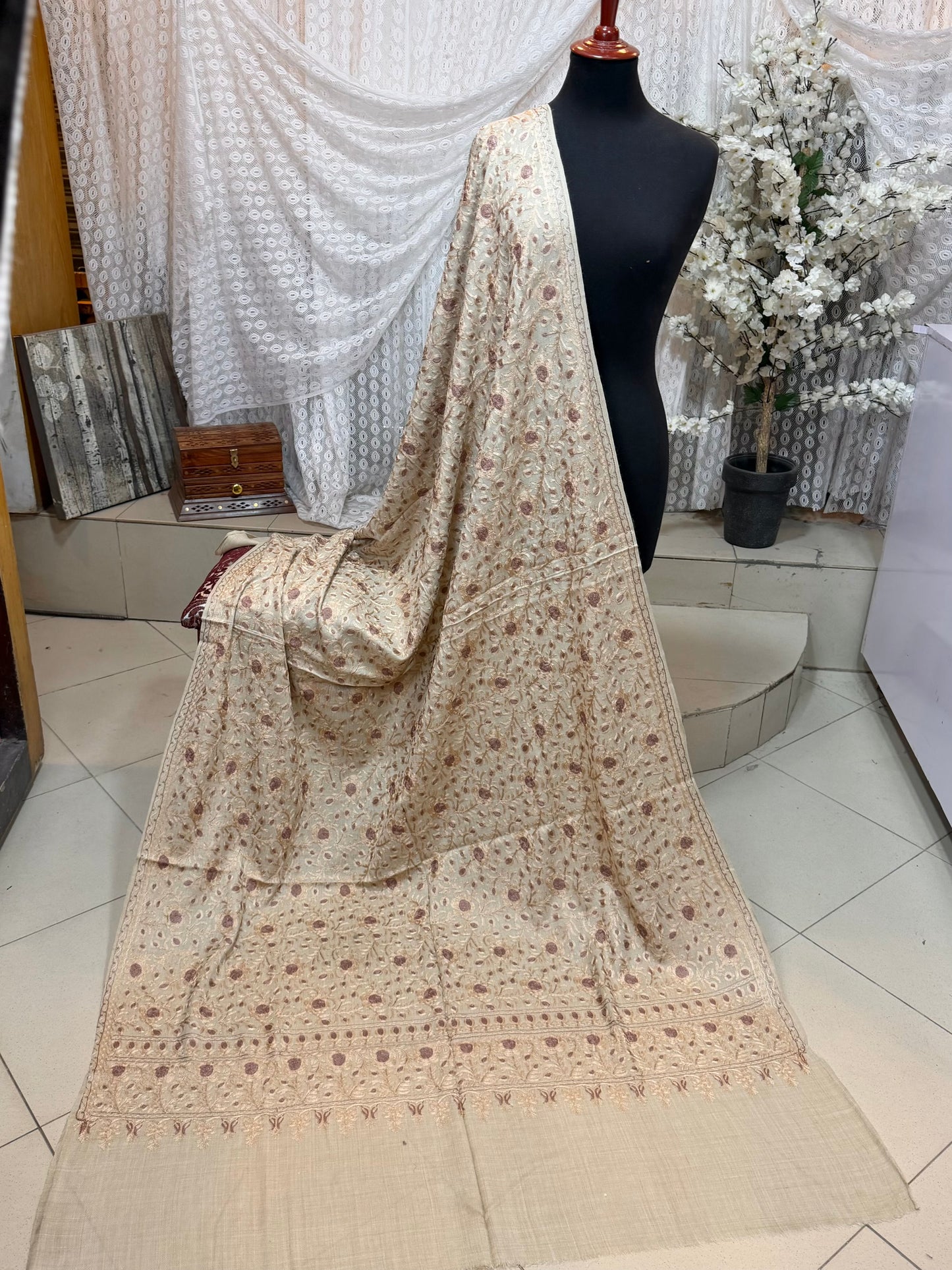 Kashmiri Jaal Shawl | Full Embroidered Shawl Resham Work Aar Embroidery | Skin
