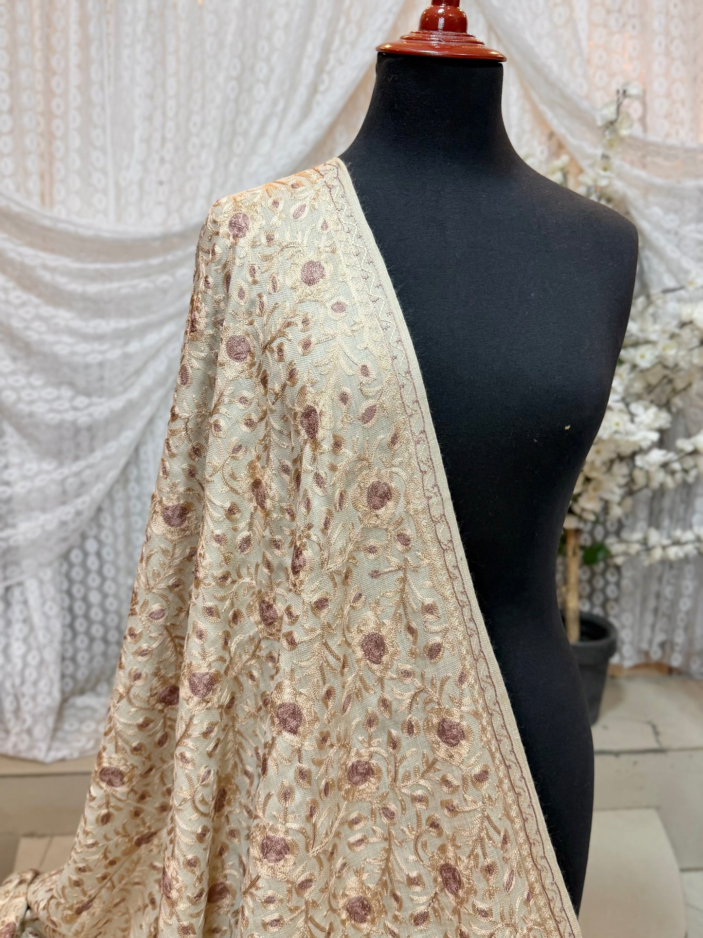Kashmiri Jaal Shawl | Full Embroidered Shawl Resham Work Aar Embroidery | Skin