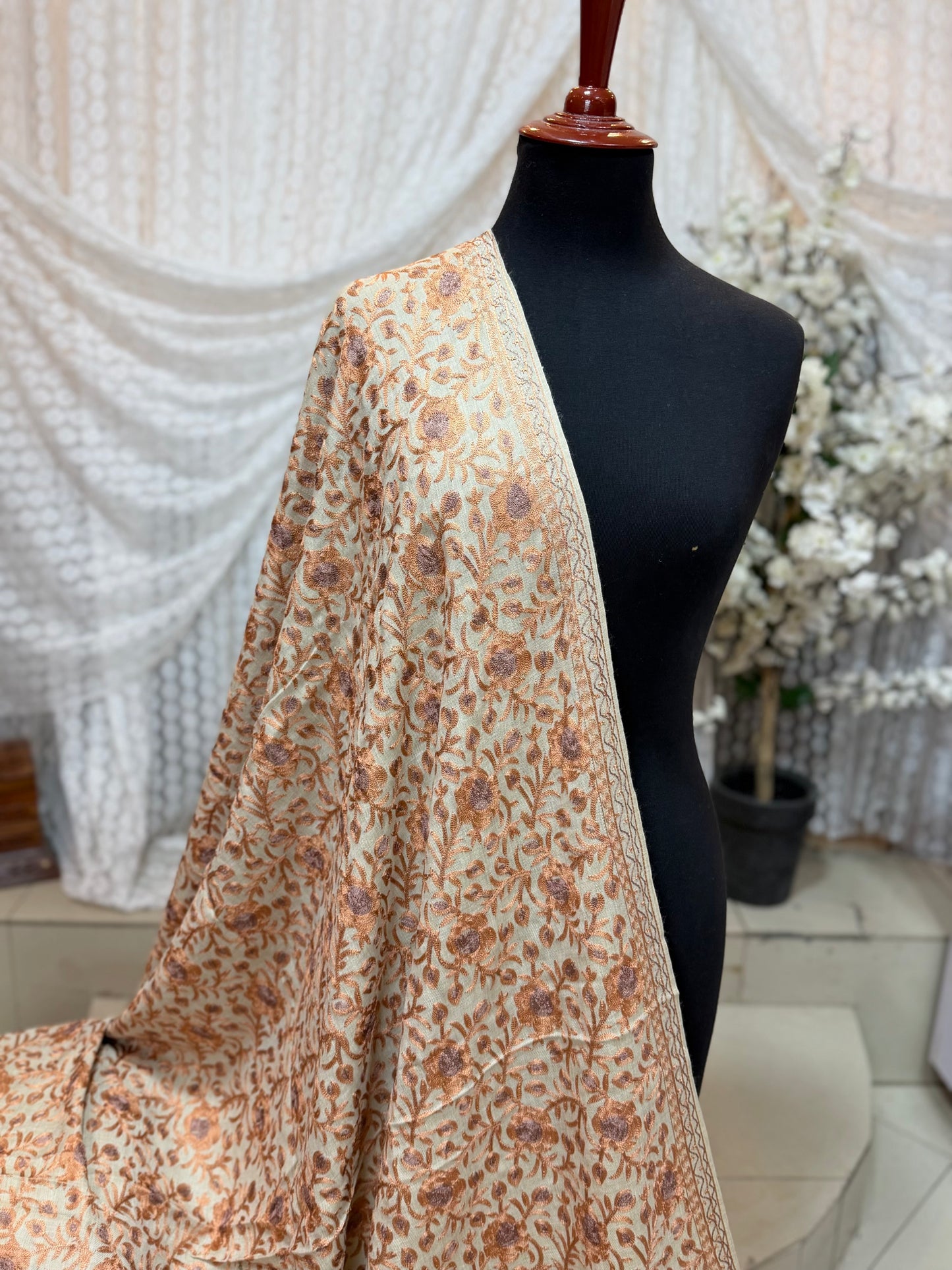 Kashmiri Jaal Shawl | Full Embroidered Shawl Resham Work Aar Embroidery | Beige