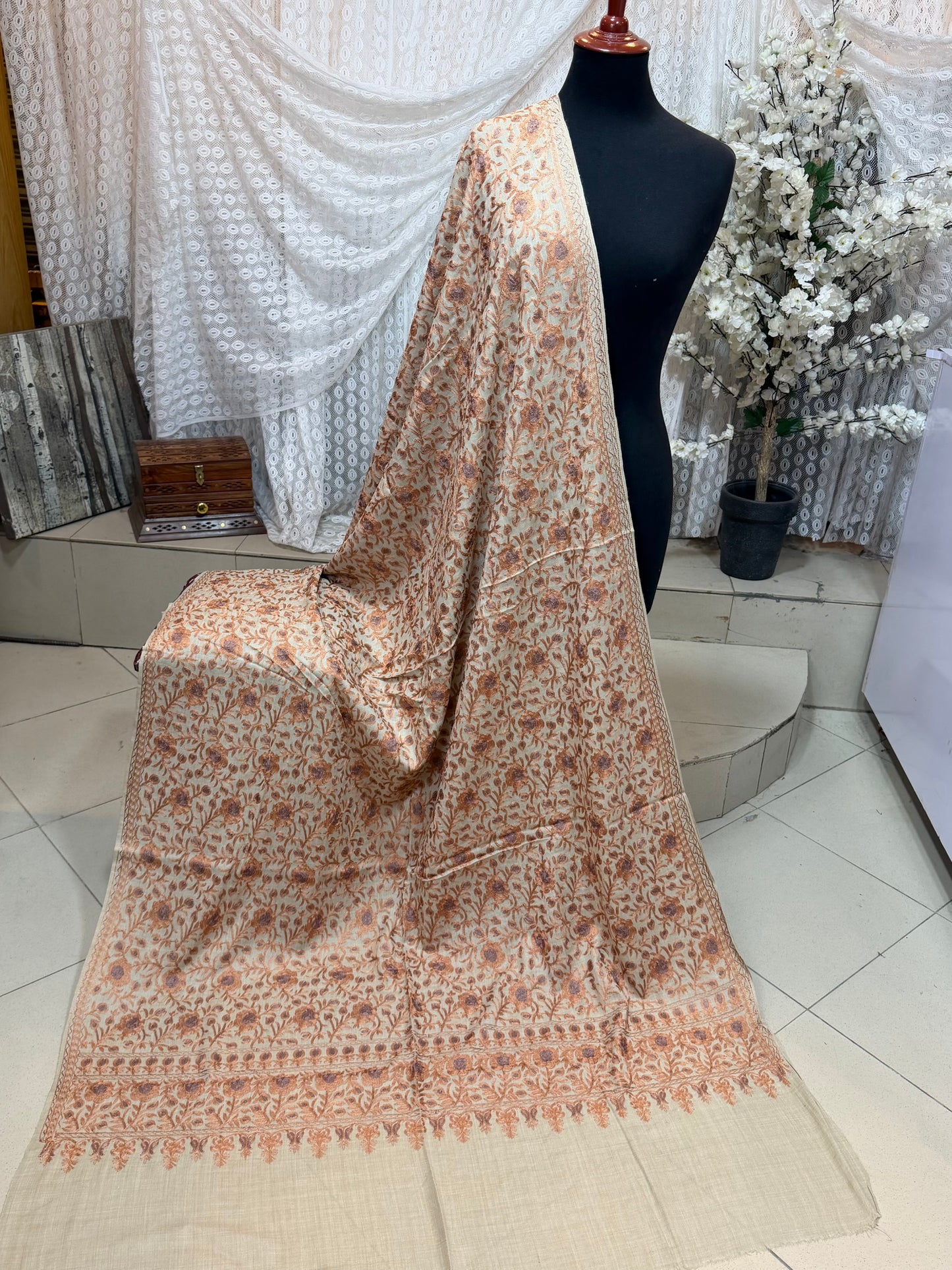 Kashmiri Jaal Shawl | Full Embroidered Shawl Resham Work Aar Embroidery | Beige