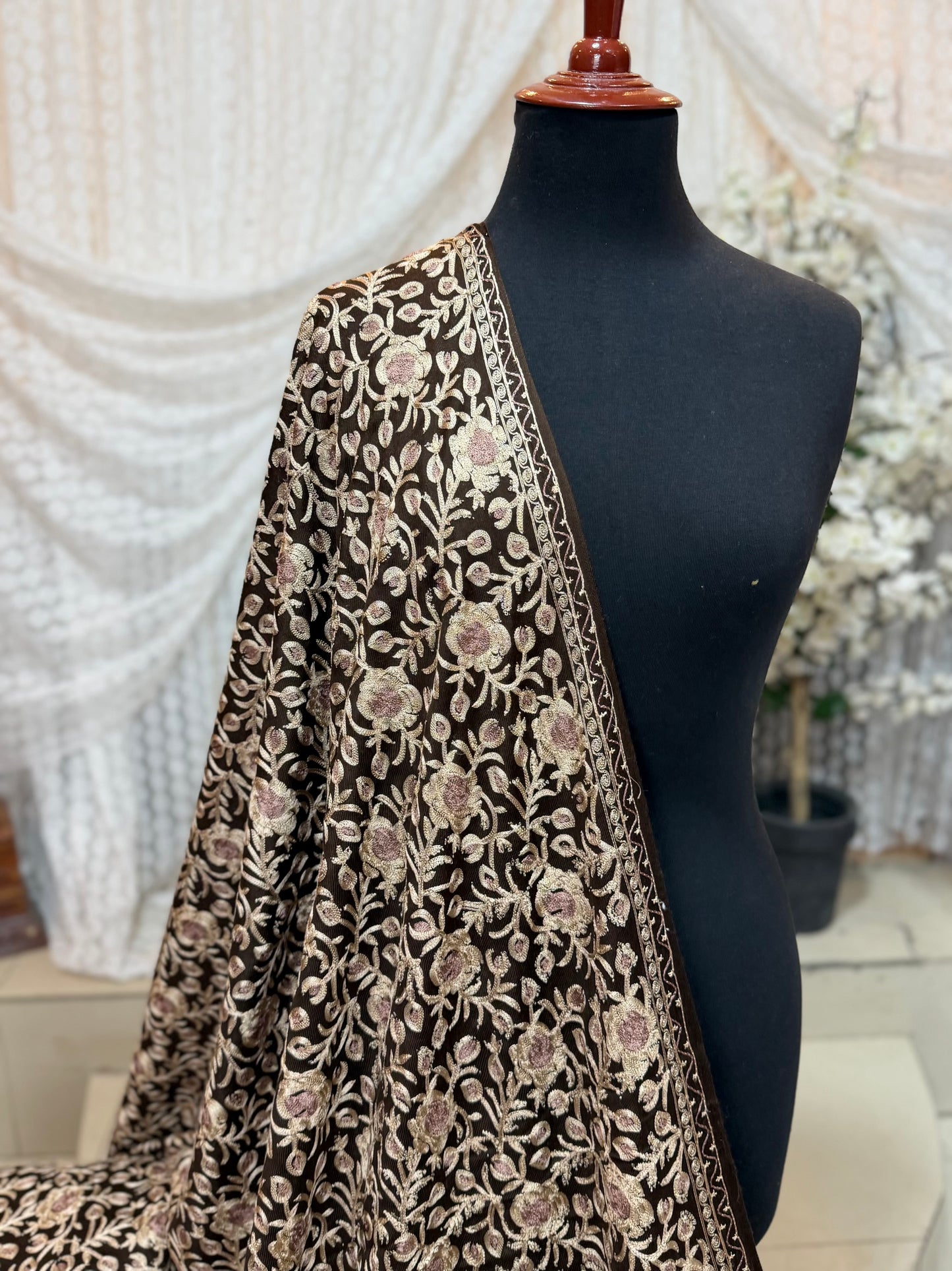 Kashmiri Jaal Shawl | Full Embroidered Shawl Resham Work Aar Embroidery | Brown