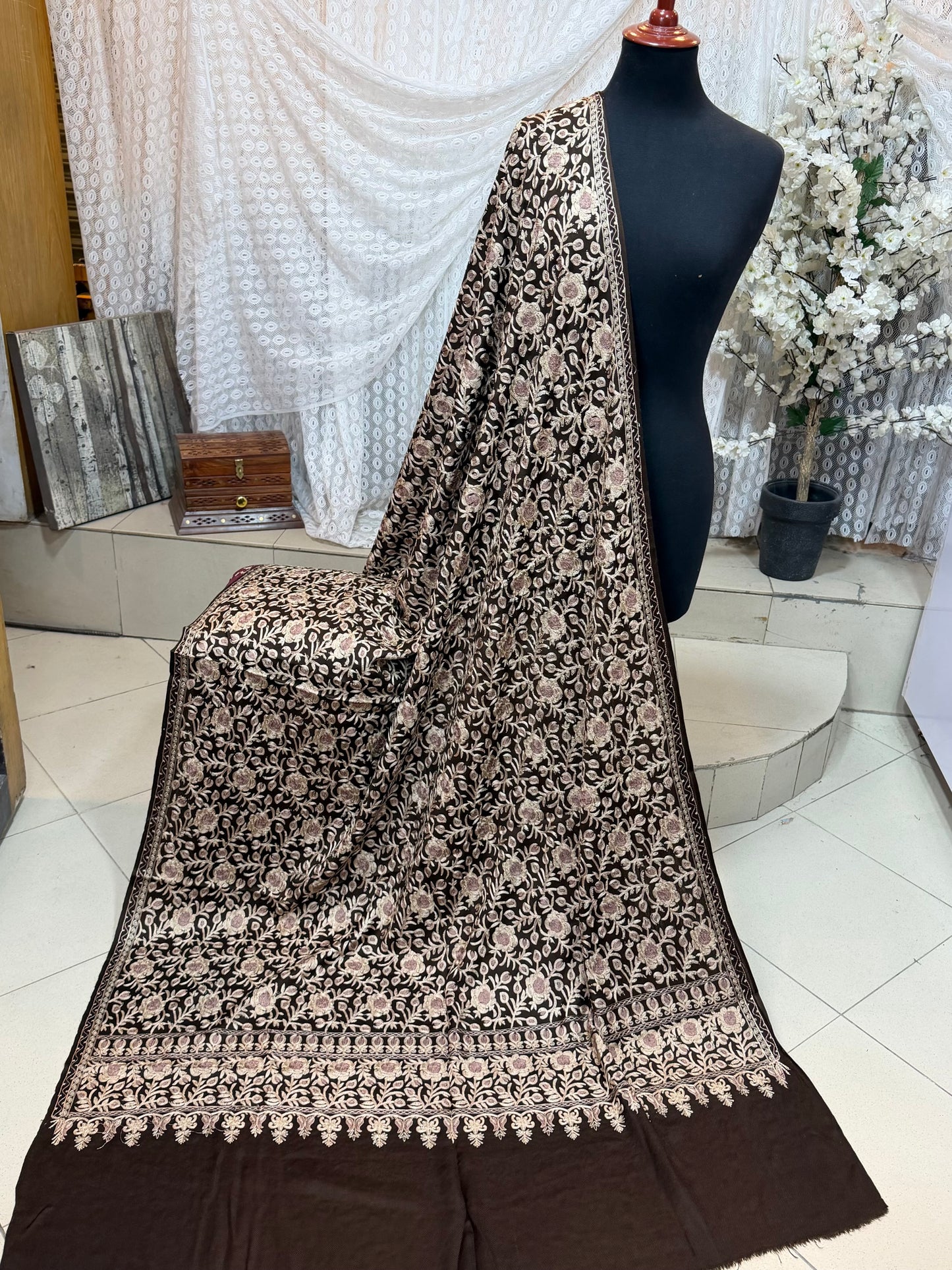 Kashmiri Jaal Shawl | Full Embroidered Shawl Resham Work Aar Embroidery | Brown