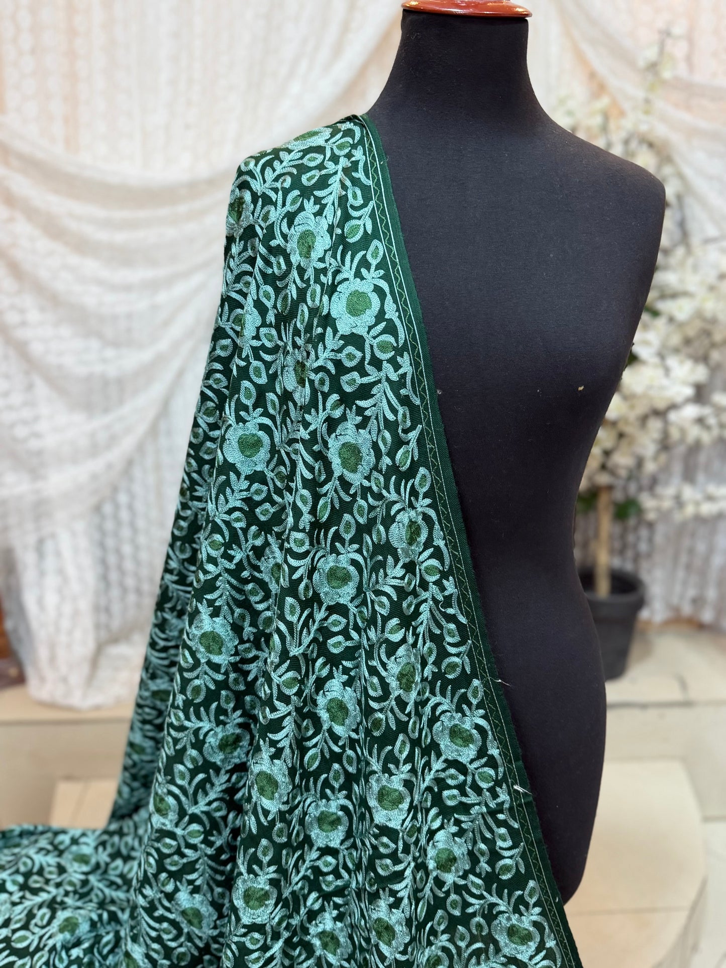 Kashmiri Jaal Shawl | Full Embroidered Shawl Resham Work Aar Embroidery | Green