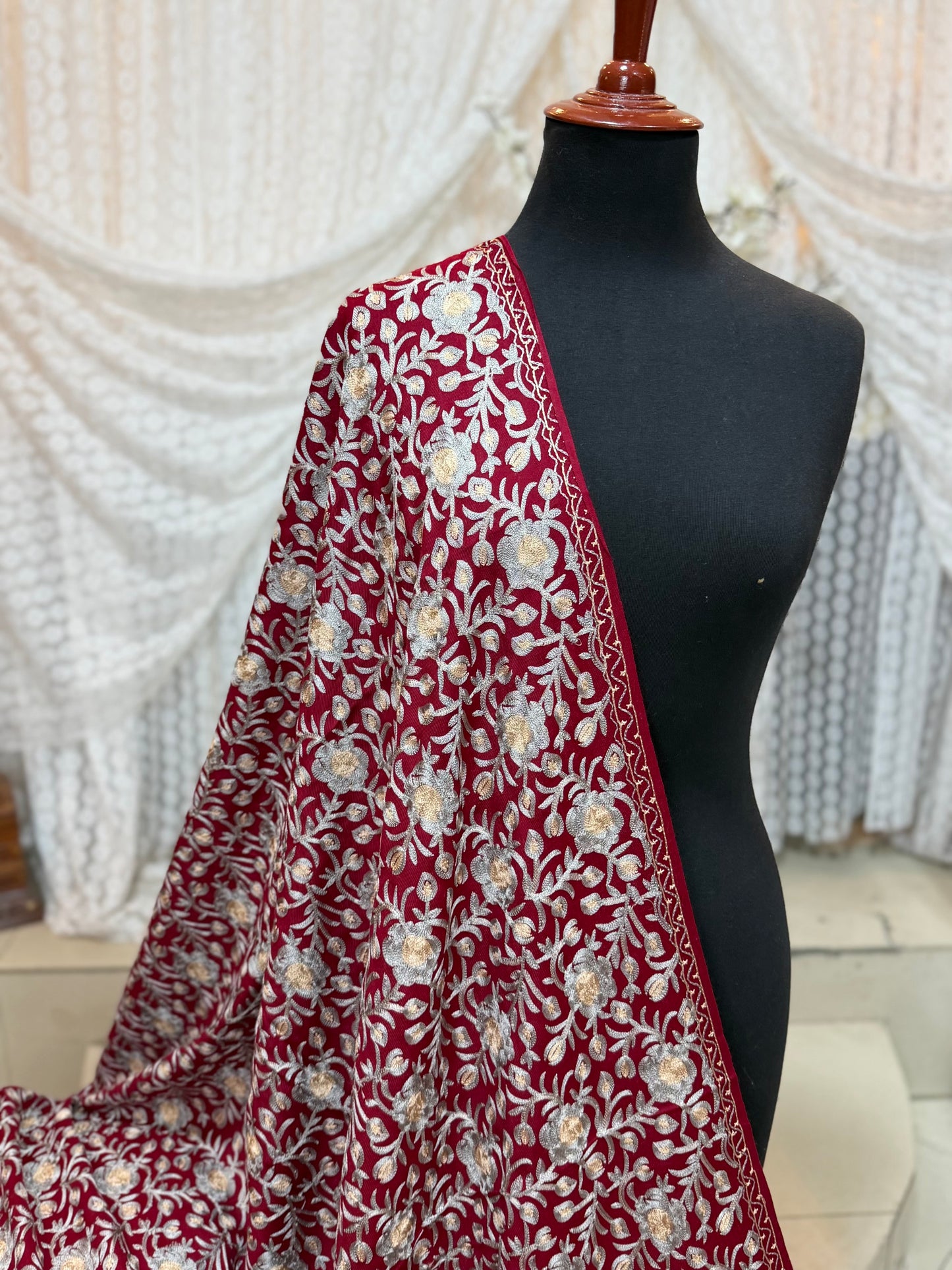 Kashmiri Jaal Shawl | Full Embroidered Shawl Resham Work Aar Embroidery | Maroon