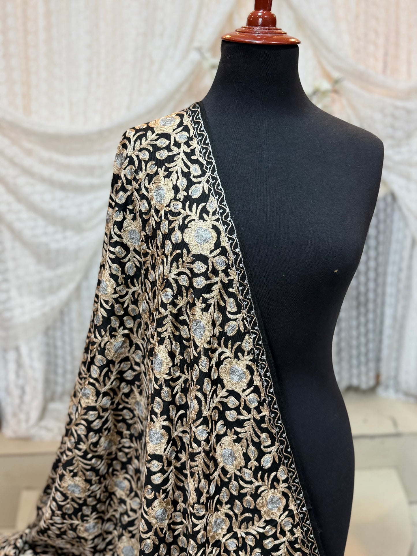 Kashmiri Jaal Shawl | Full Embroidered Shawl Resham Work Aar Embroidery | Black