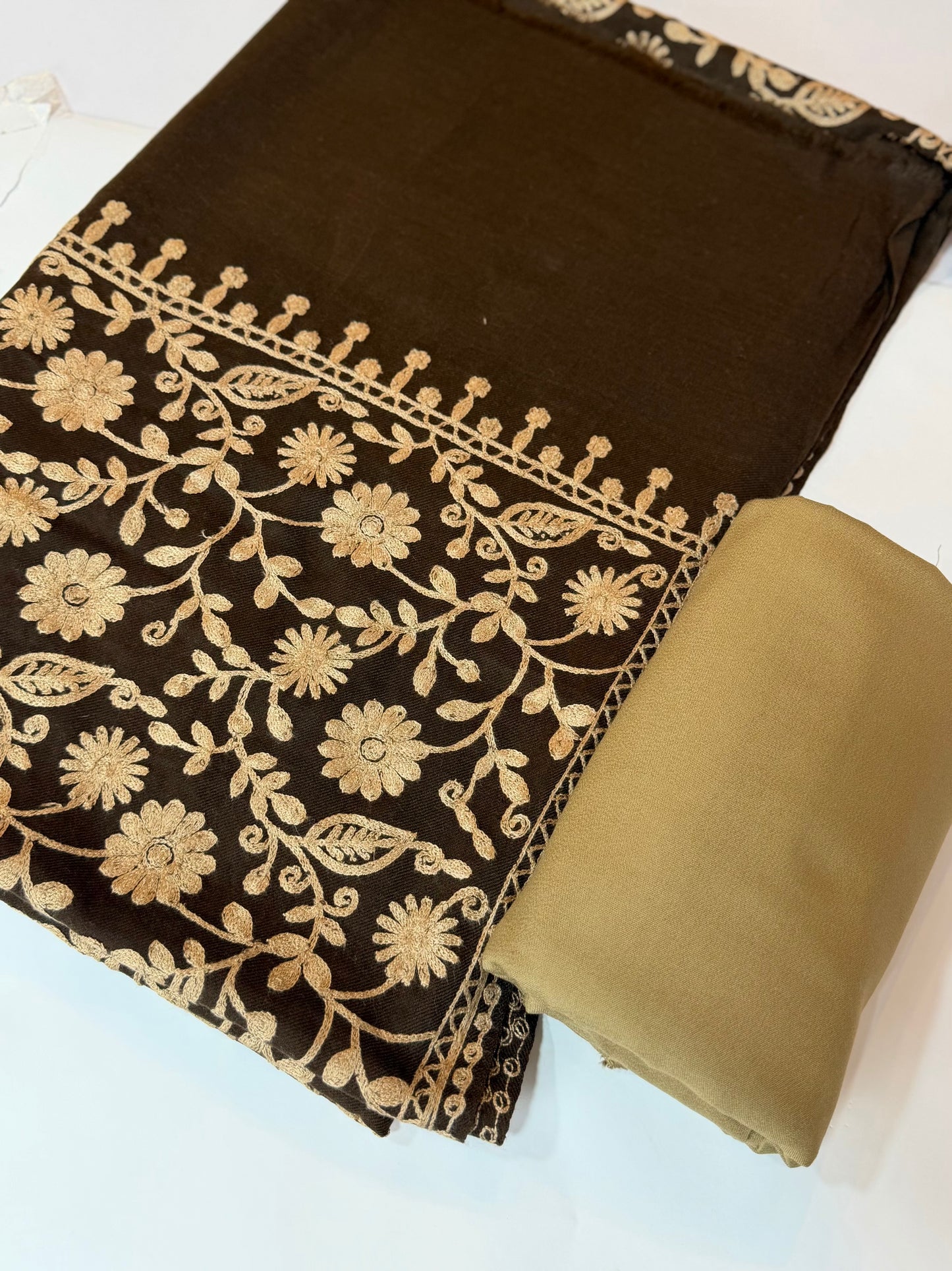 Pashmina 3 Piece Suit | Embroidered Shawl with Plain Suit Marina | Brown With Skin