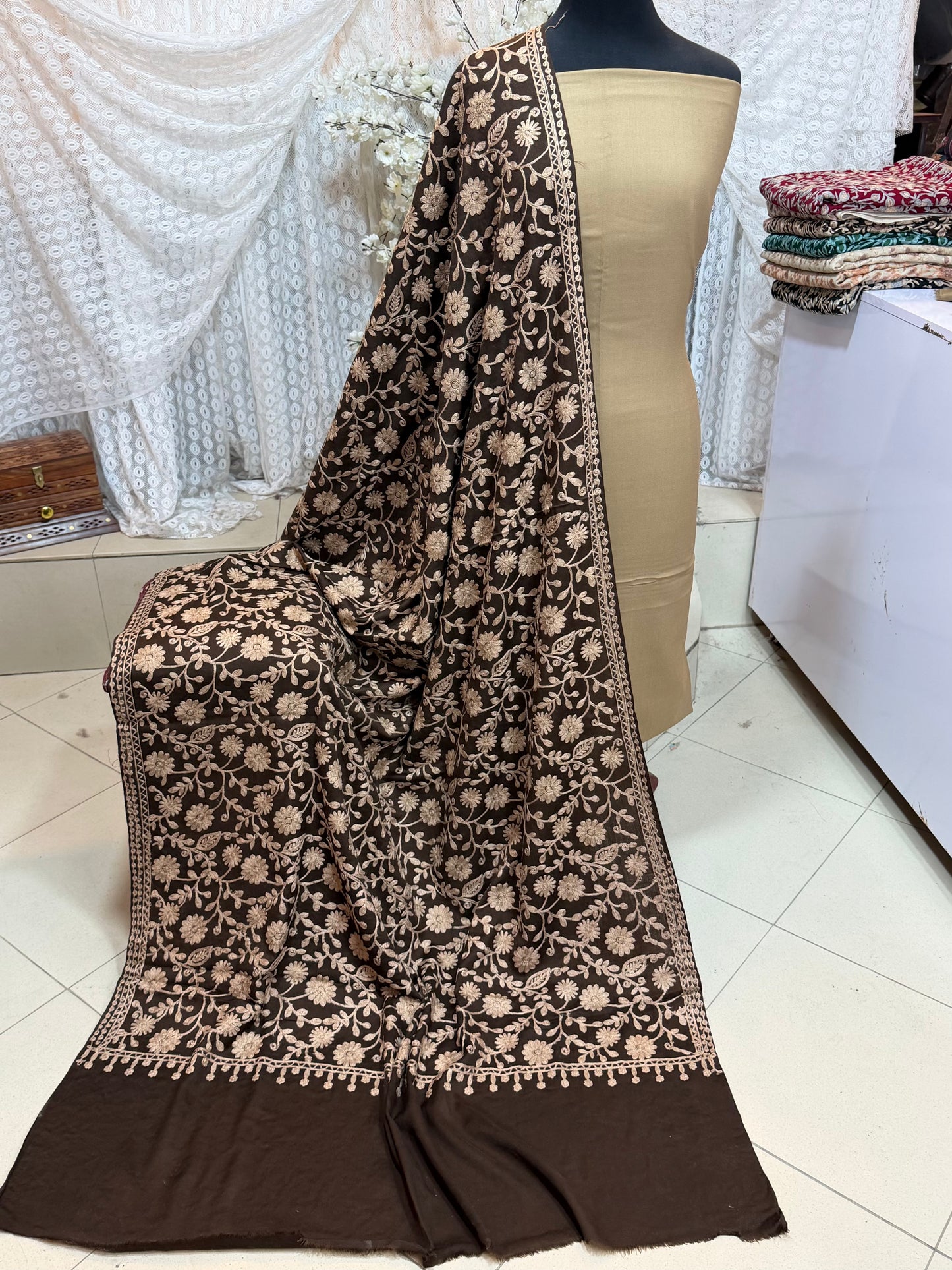 Pashmina 3 Piece Suit | Embroidered Shawl with Plain Suit Marina | Brown With Skin