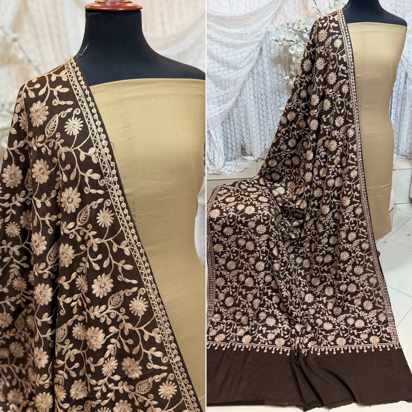 Pashmina 3 Piece Suit | Embroidered Shawl with Plain Suit Marina | Brown With Skin