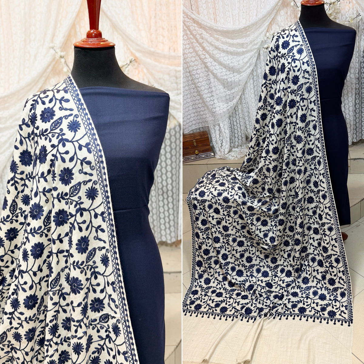 Pashmina 3 Piece Suit | Embroidered Shawl with Plain Suit Marina | Skin With Blue