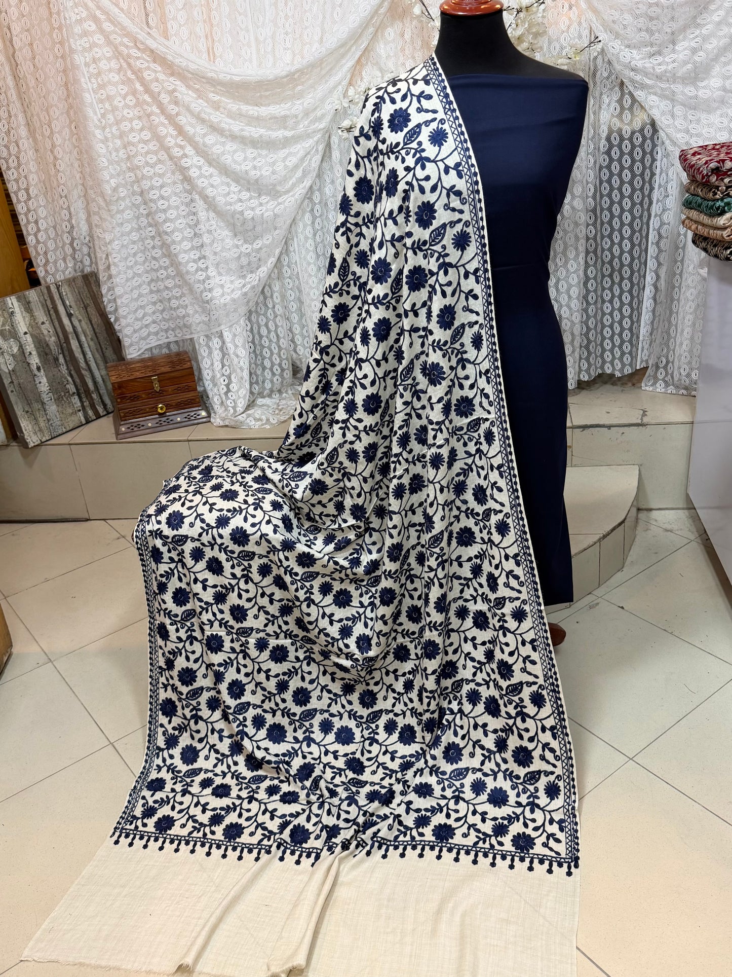 Pashmina 3 Piece Suit | Embroidered Shawl with Plain Suit Marina | Skin With Blue