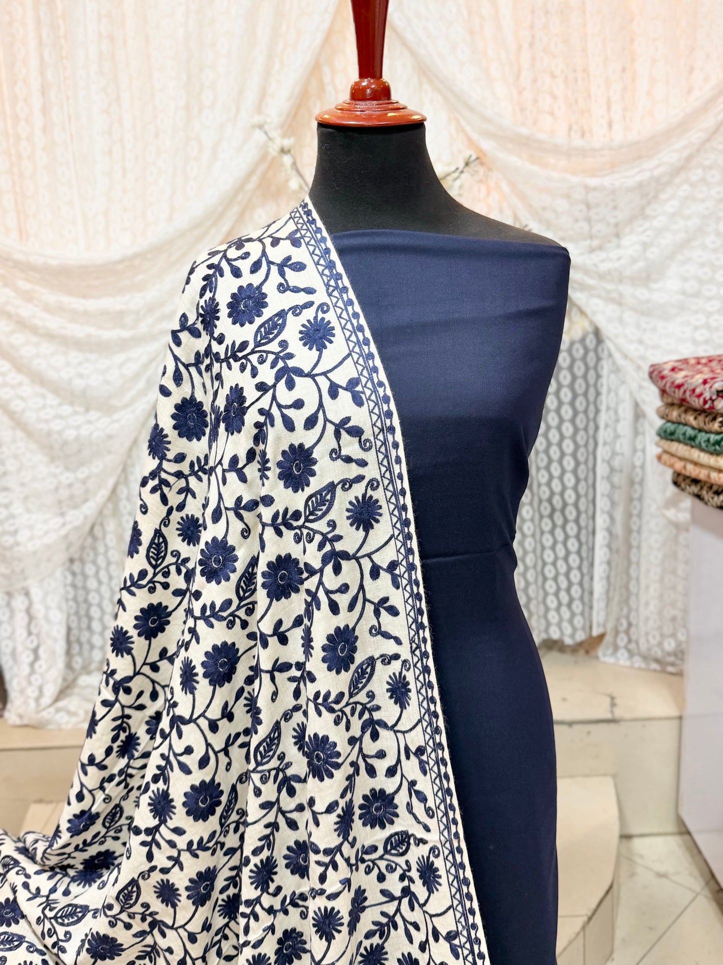 Pashmina 3 Piece Suit | Embroidered Shawl with Plain Suit Marina | Skin With Blue