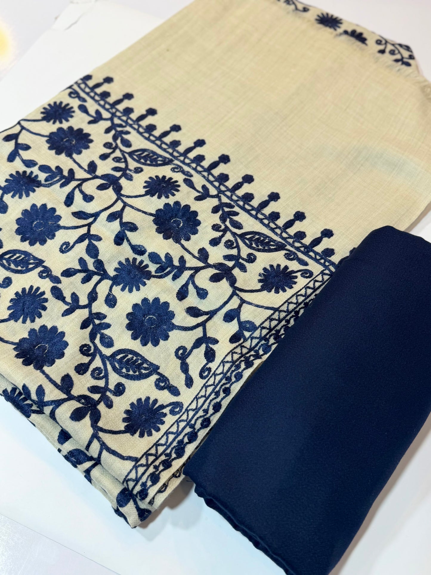 Pashmina 3 Piece Suit | Embroidered Shawl with Plain Suit Marina | Skin With Blue