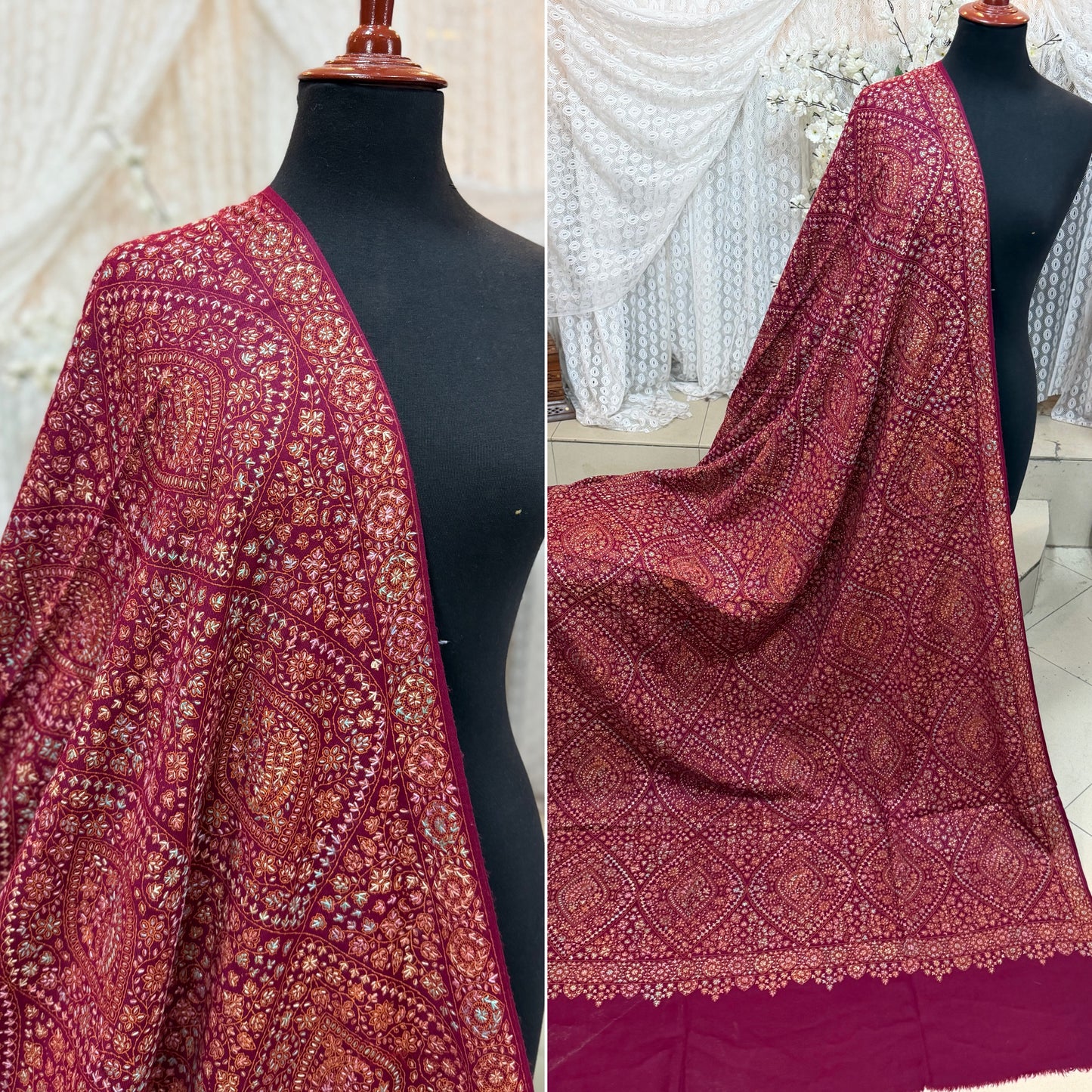 Special Pashmina Shawl | Hand Embroidery on Print Beautiful Jaal Shawl | Magenta