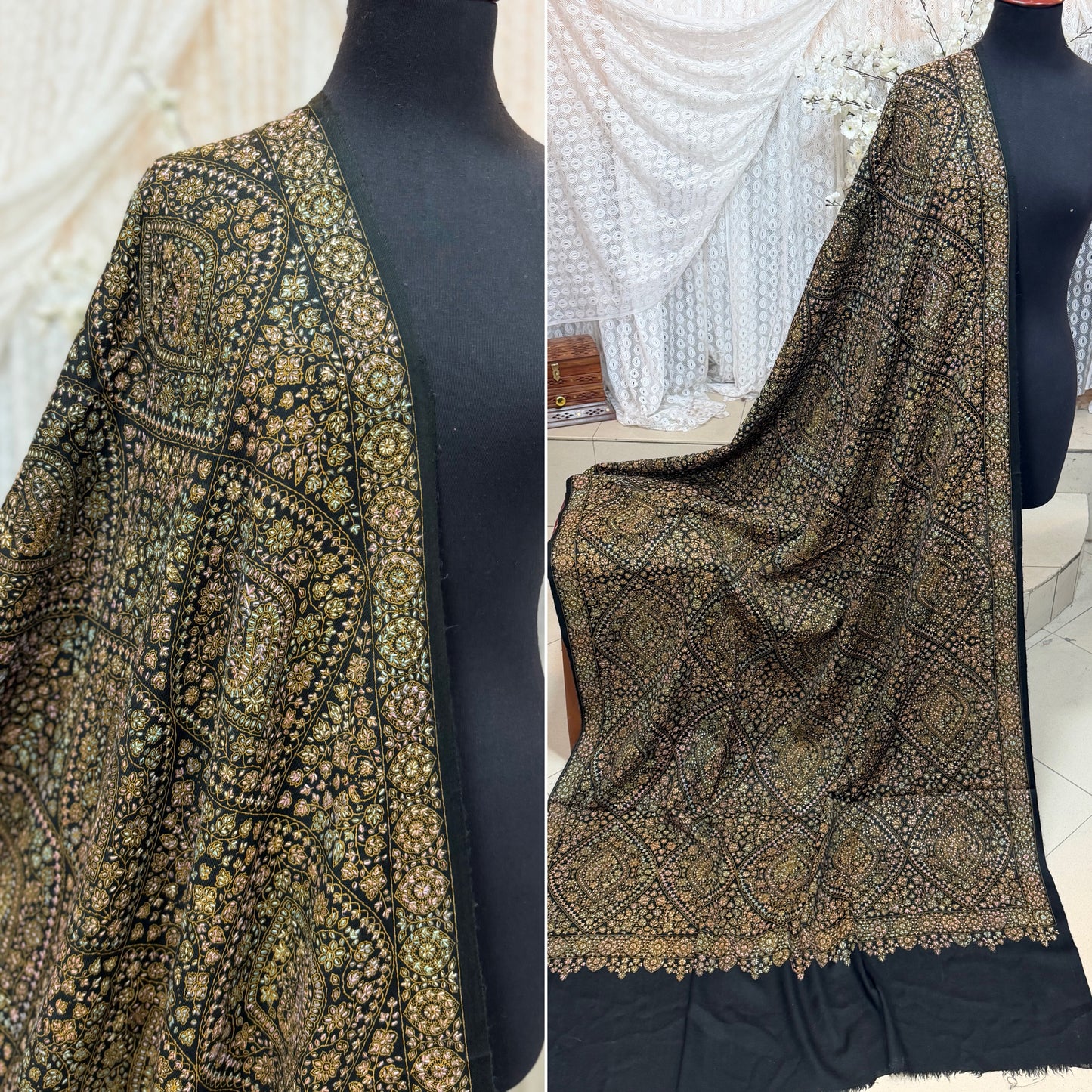 Special Pashmina Shawl | Hand Embroidery on Print Beautiful Jaal Shawl | Black